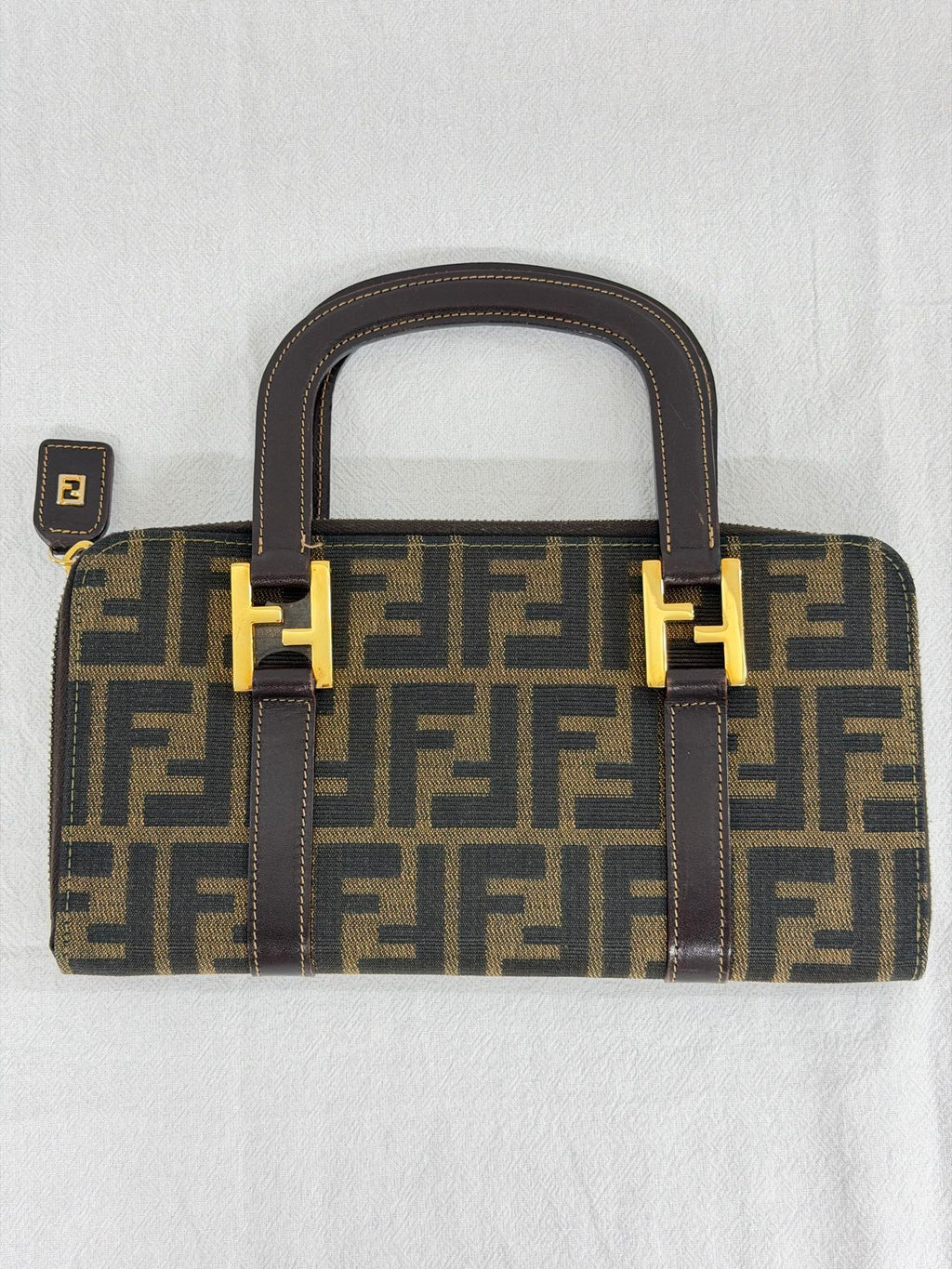Fendi Zucca Canvas Top Handle Zip Around Wallet Bag