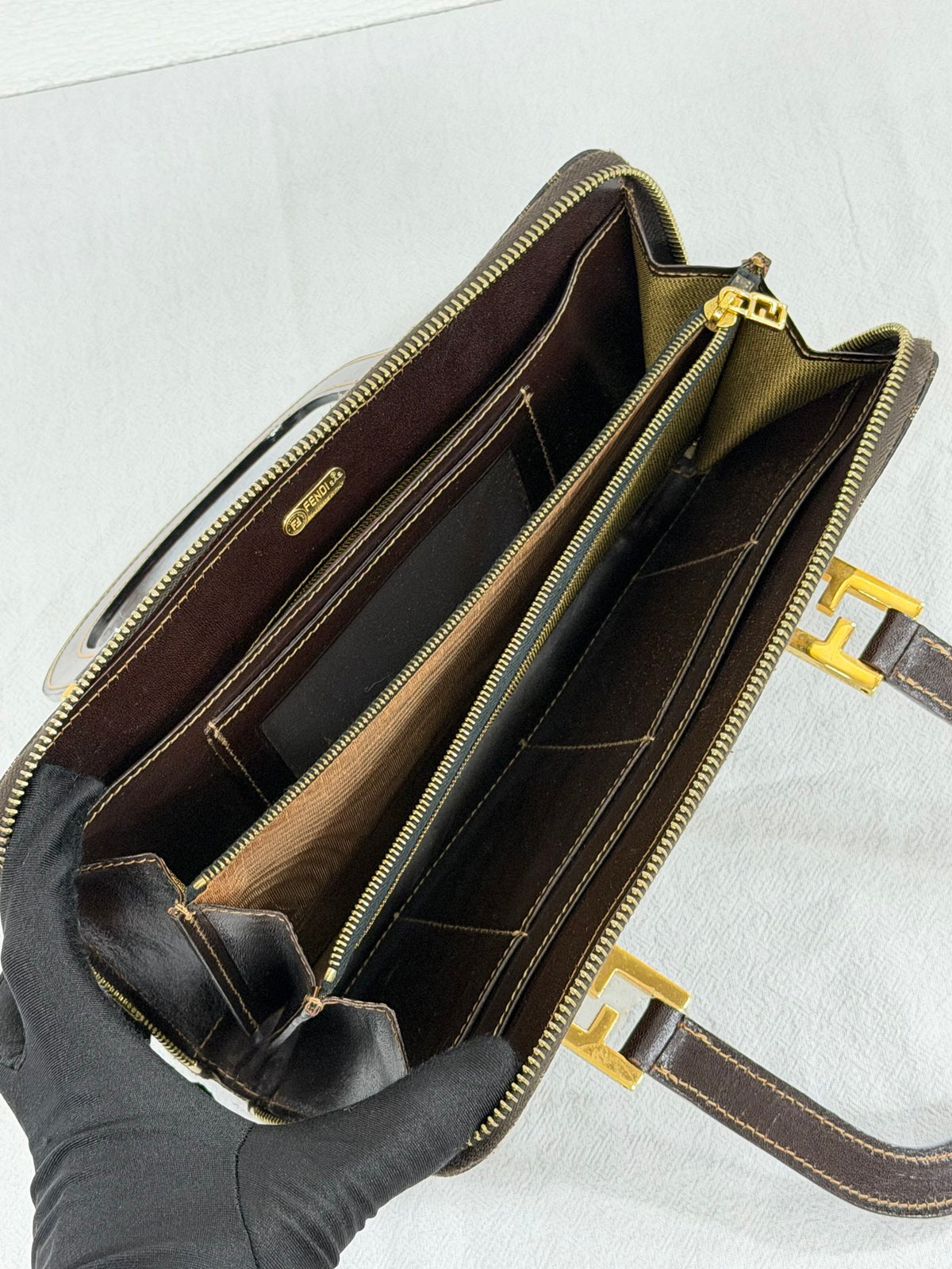 Fendi Zucca Canvas Top Handle Zip Around Wallet Bag