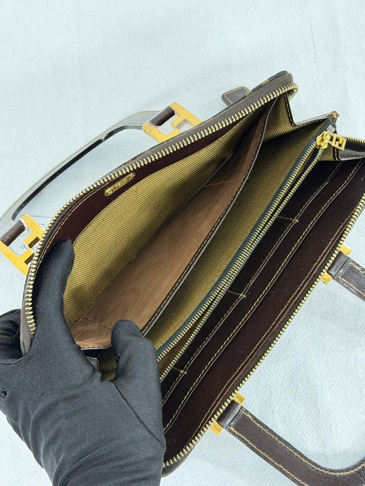 Fendi Zucca Canvas Top Handle Zip Around Wallet Bag
