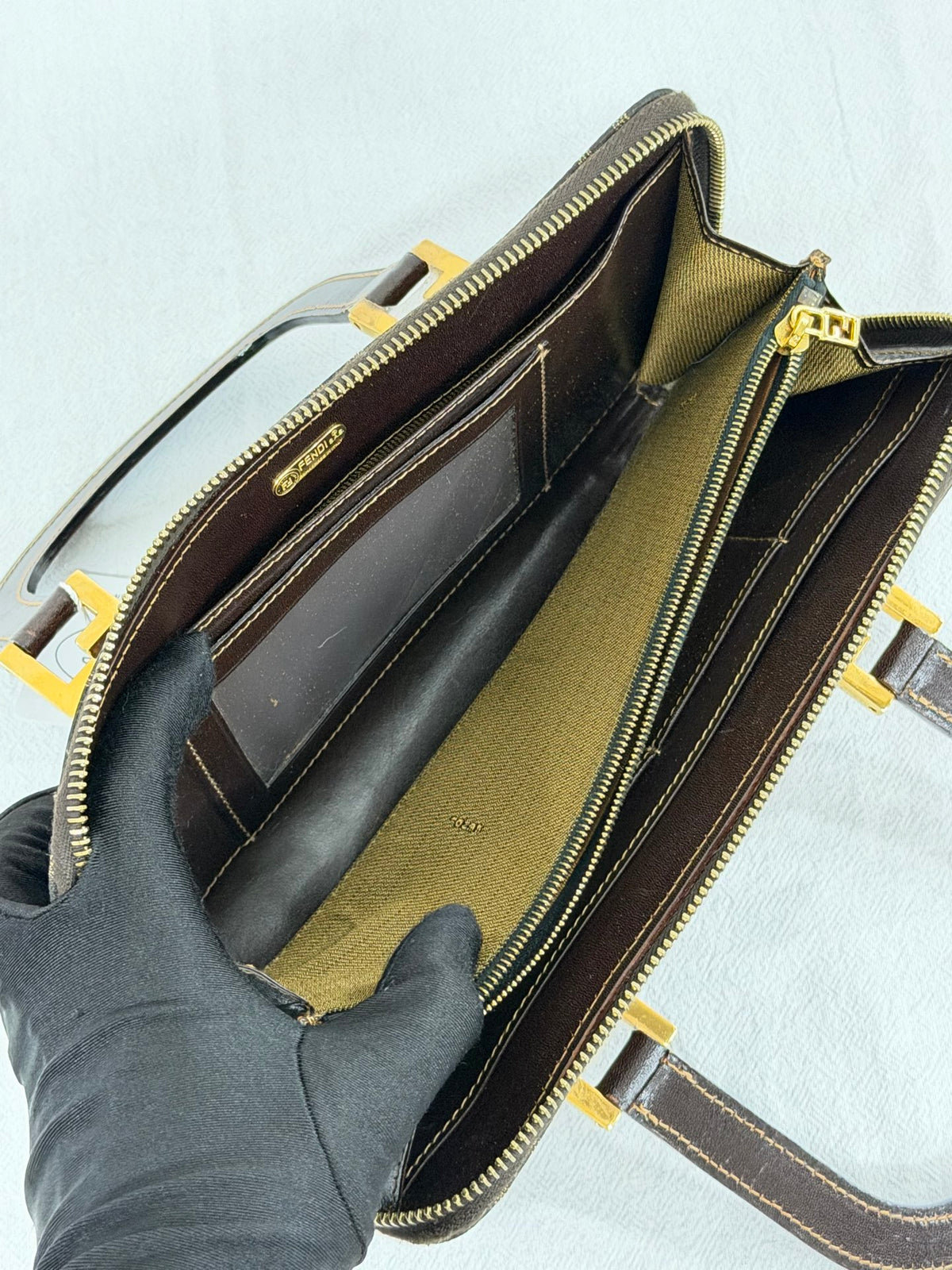 Fendi Zucca Canvas Top Handle Zip Around Wallet Bag