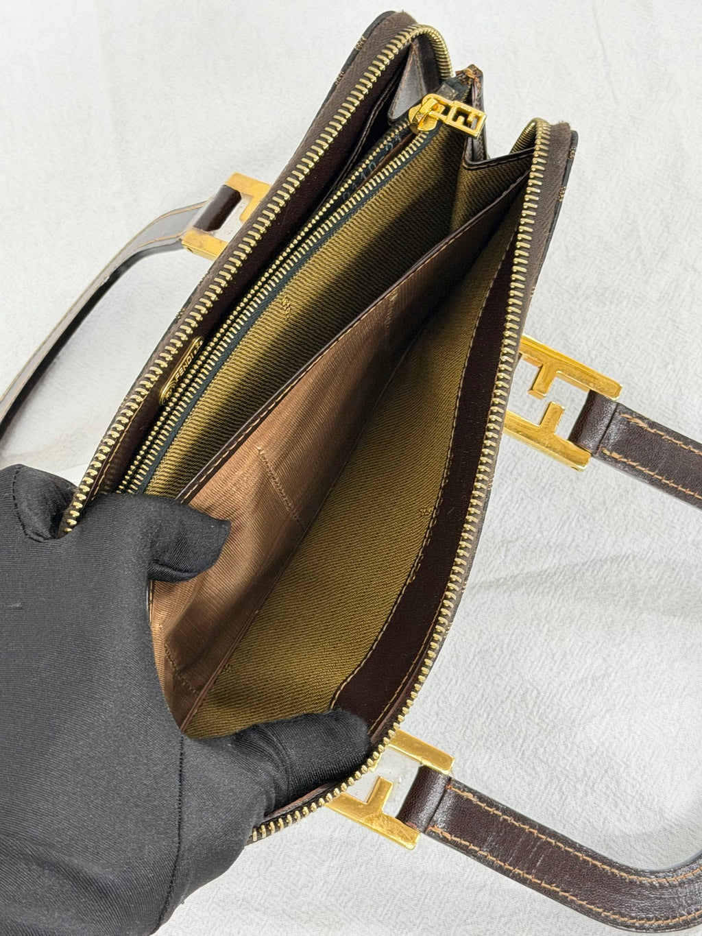 Fendi Zucca Canvas Top Handle Zip Around Wallet Bag