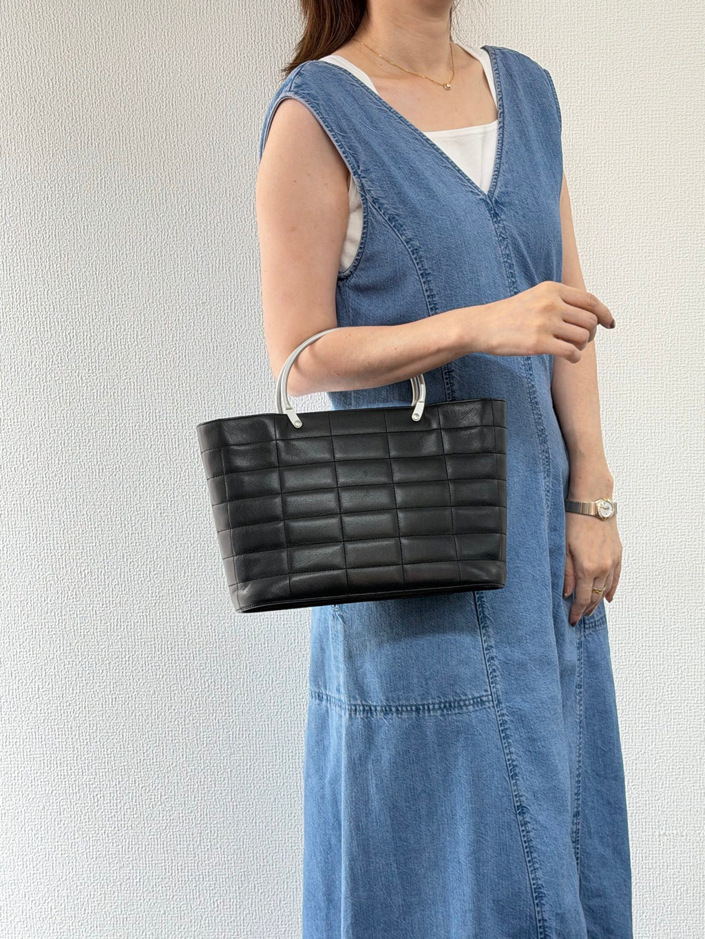 Chanel Vintage Chocolate Bar Metal Handle Tote Bag