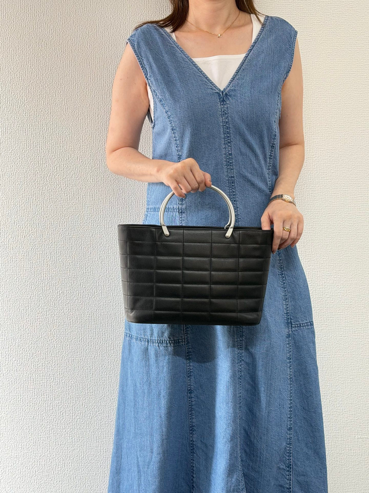 Chanel Vintage Chocolate Bar Metal Handle Tote Bag