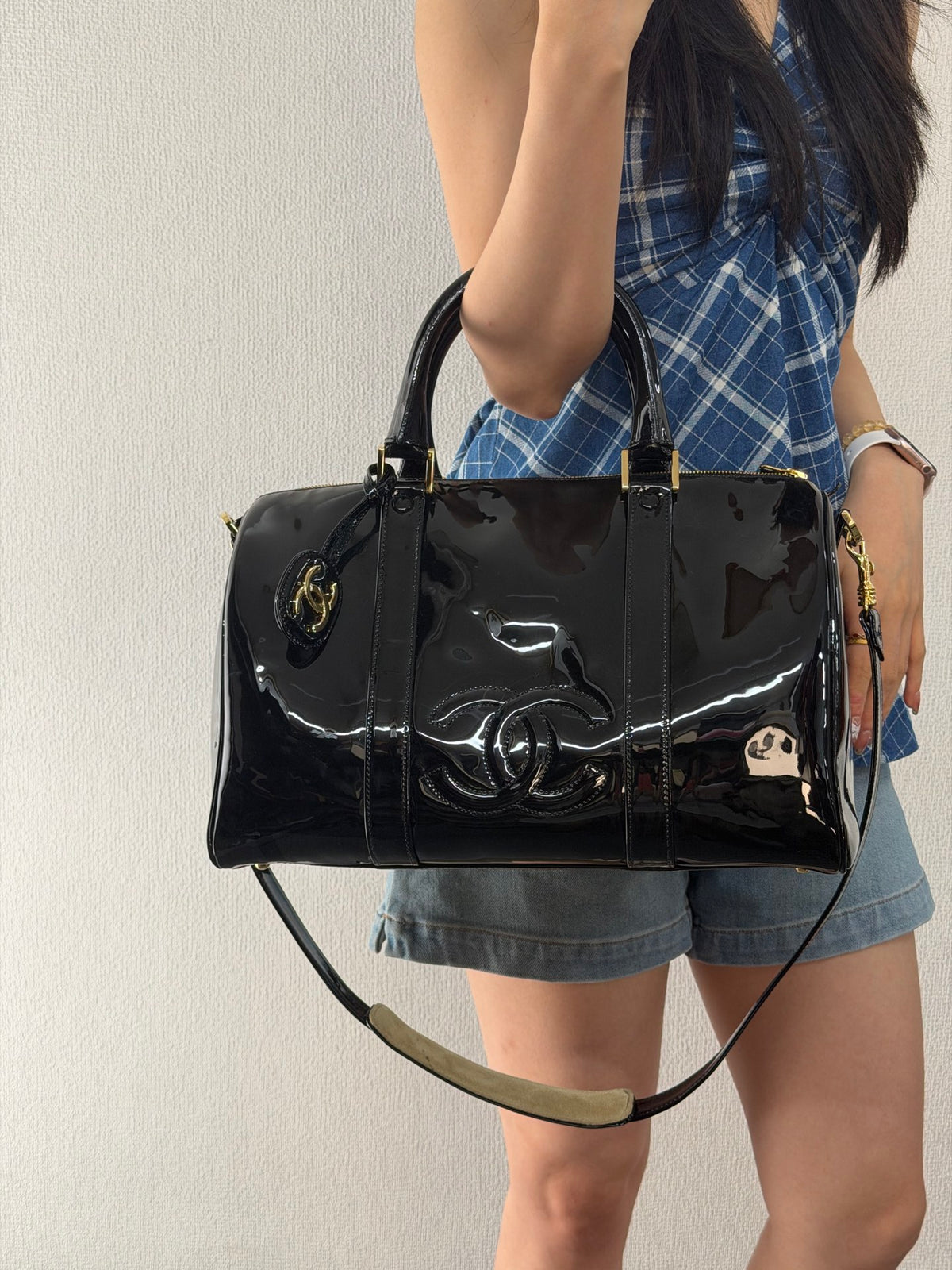 Chanel Vintage Black Patent Leather CC Bowler 2WAY Bag