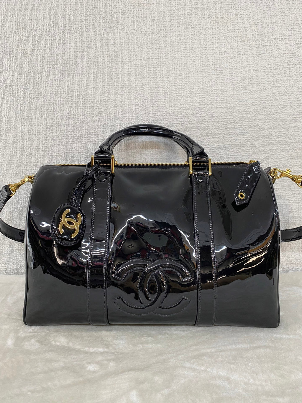 Chanel Vintage Black Patent Leather CC Bowler 2WAY Bag