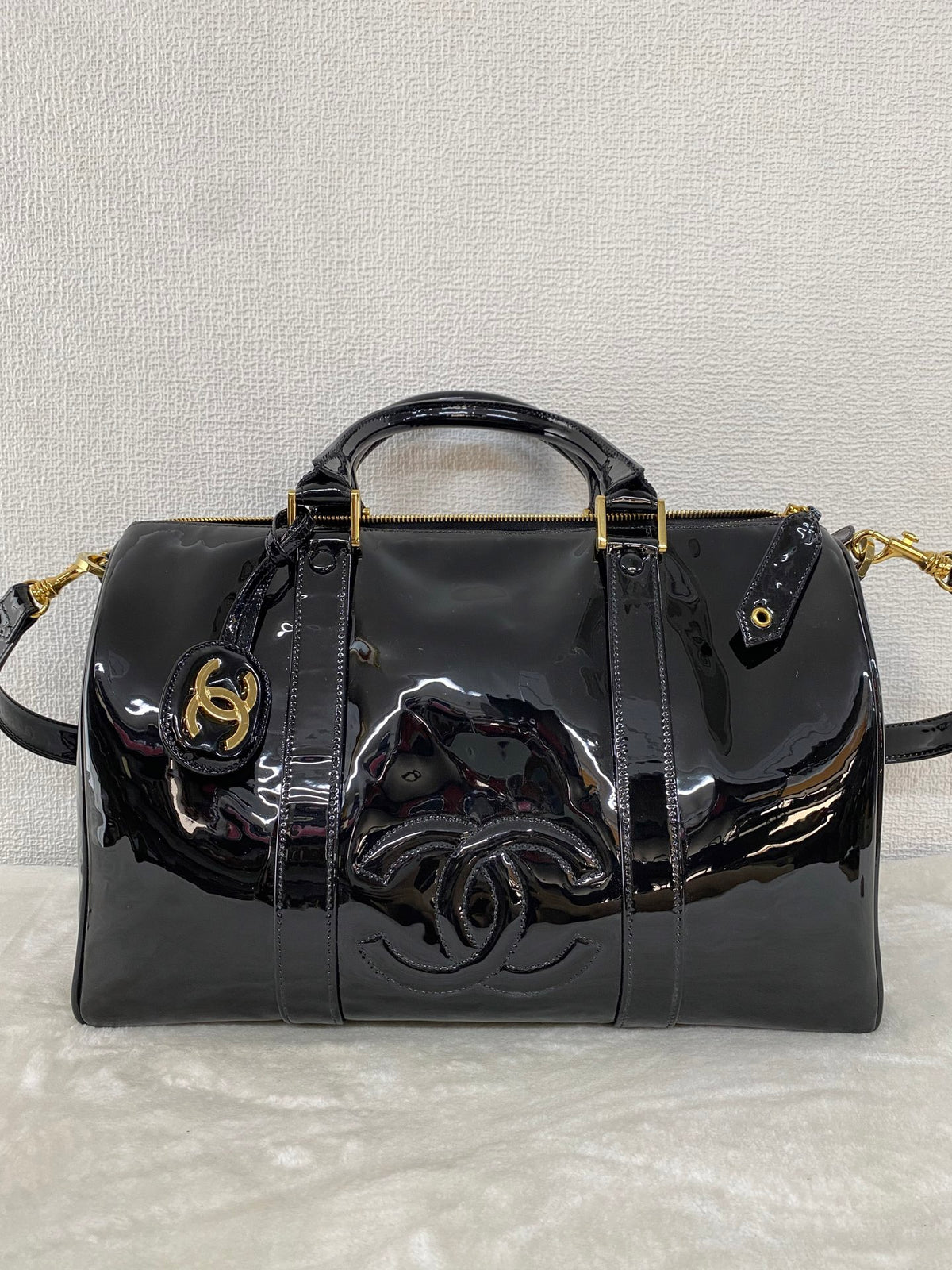 Chanel Vintage Black Patent Leather CC Bowler 2WAY Bag