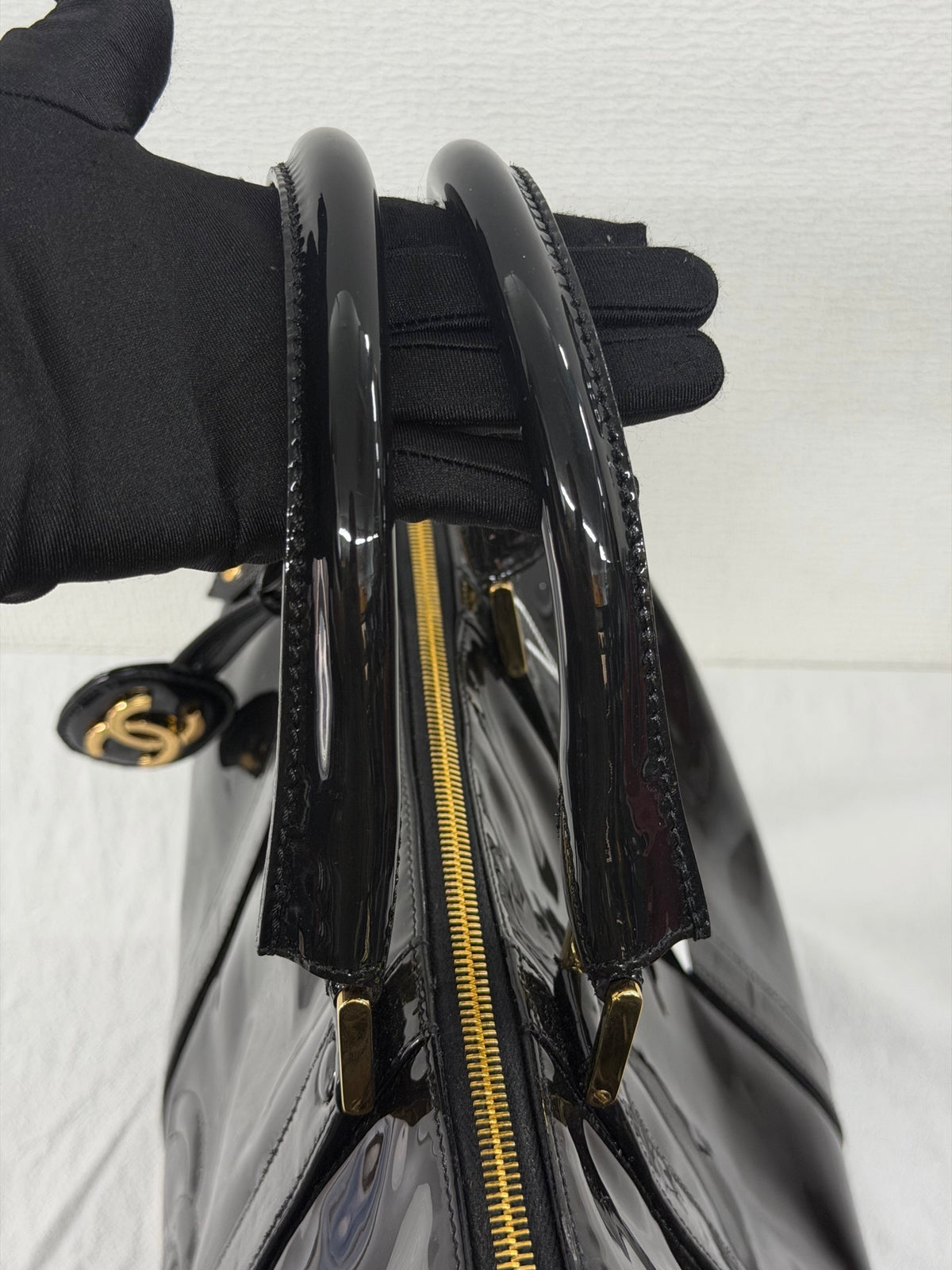 Chanel Vintage Black Patent Leather CC Bowler 2WAY Bag