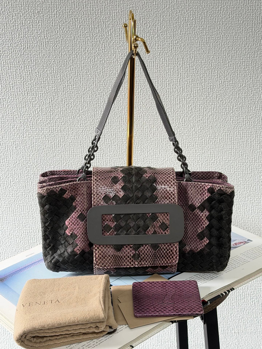 Bottega Veneta Intrecciato Python Nylon Flap Handbag Purple/Black