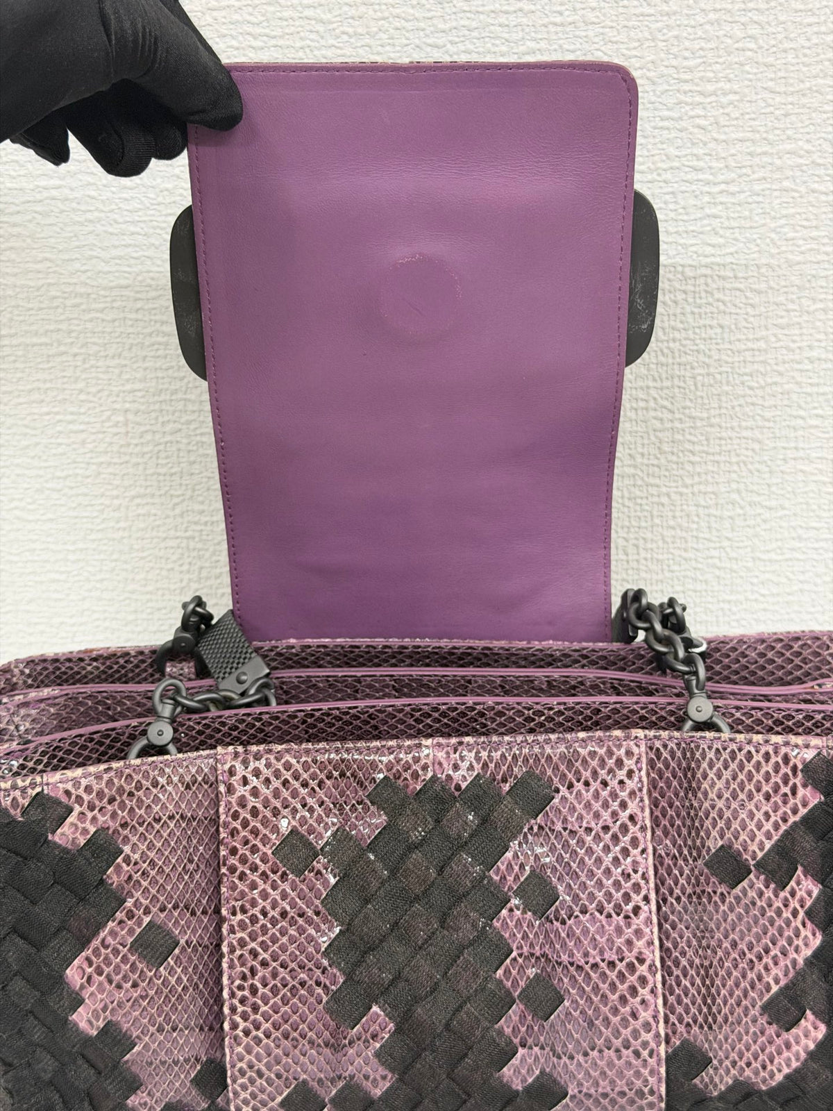 Bottega Veneta Intrecciato Python Nylon Flap Handbag Purple/Black