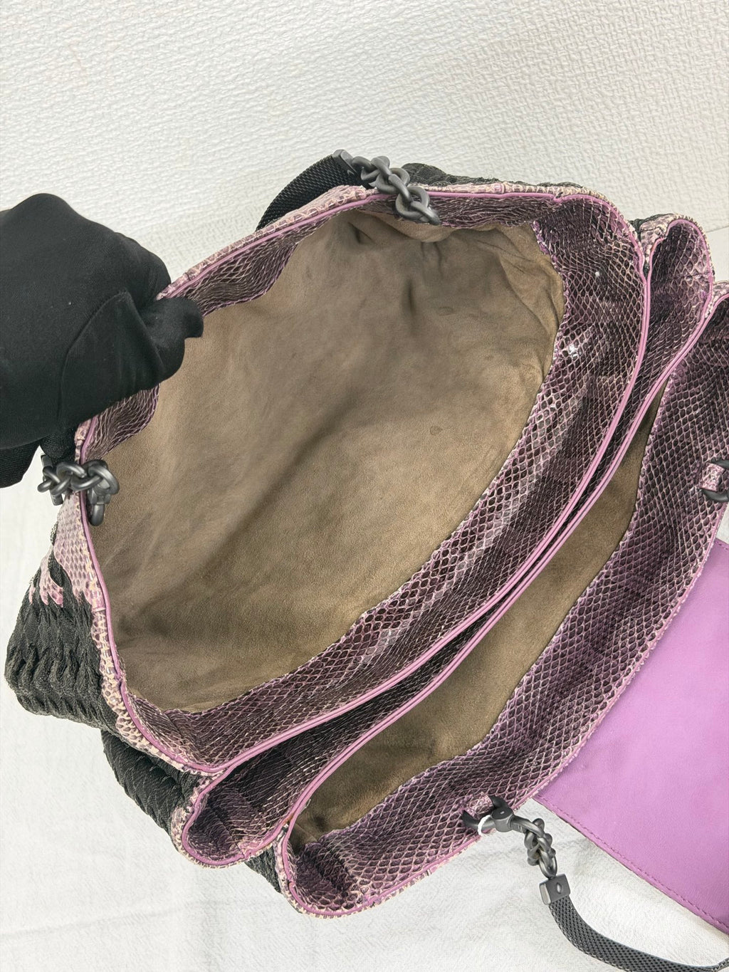 Bottega Veneta Intrecciato Python Nylon Flap Handbag Purple/Black