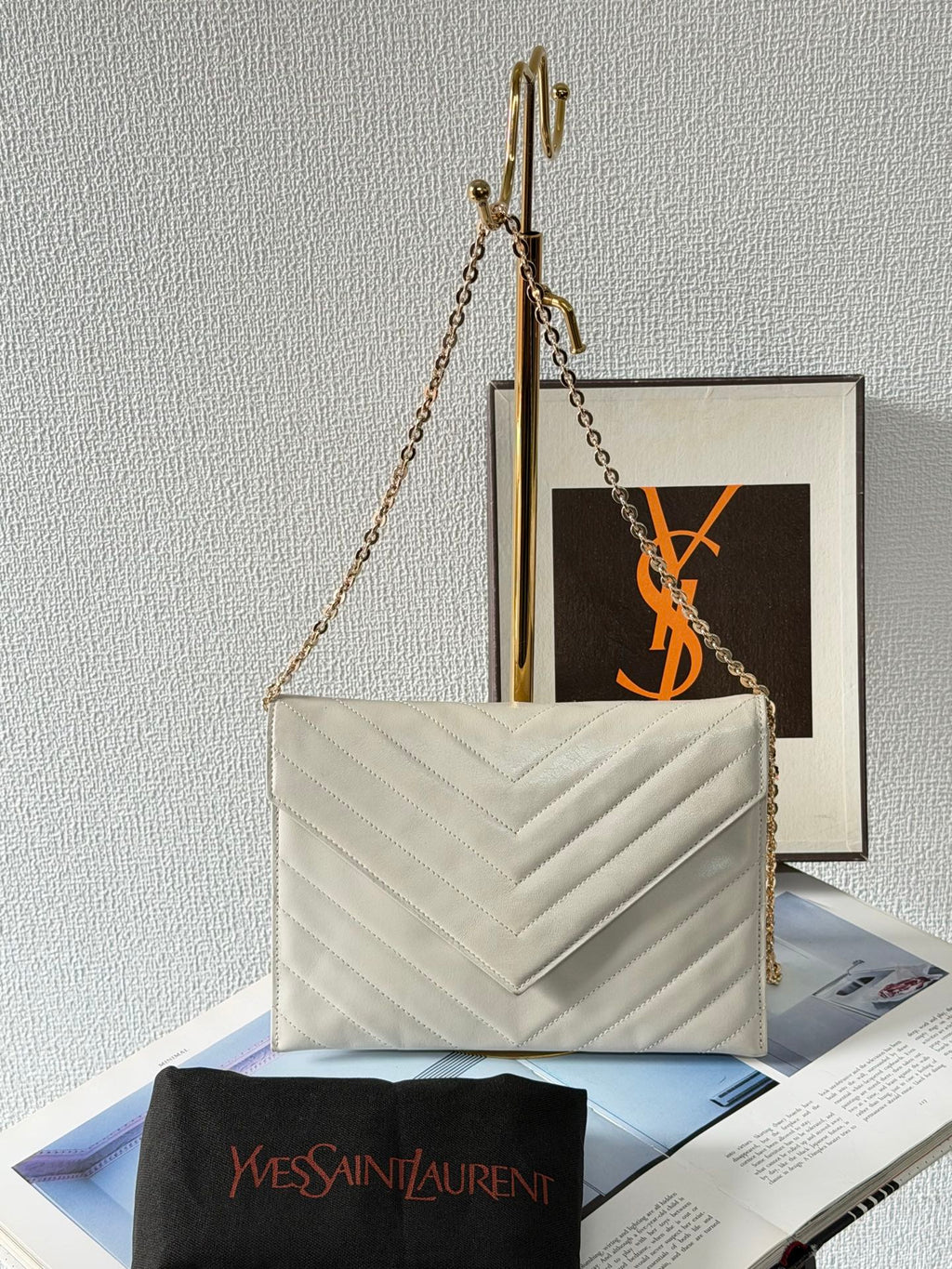 Yves Saint Laurent Vintage Chevron Quilted Leather Clutch Bag Off-White