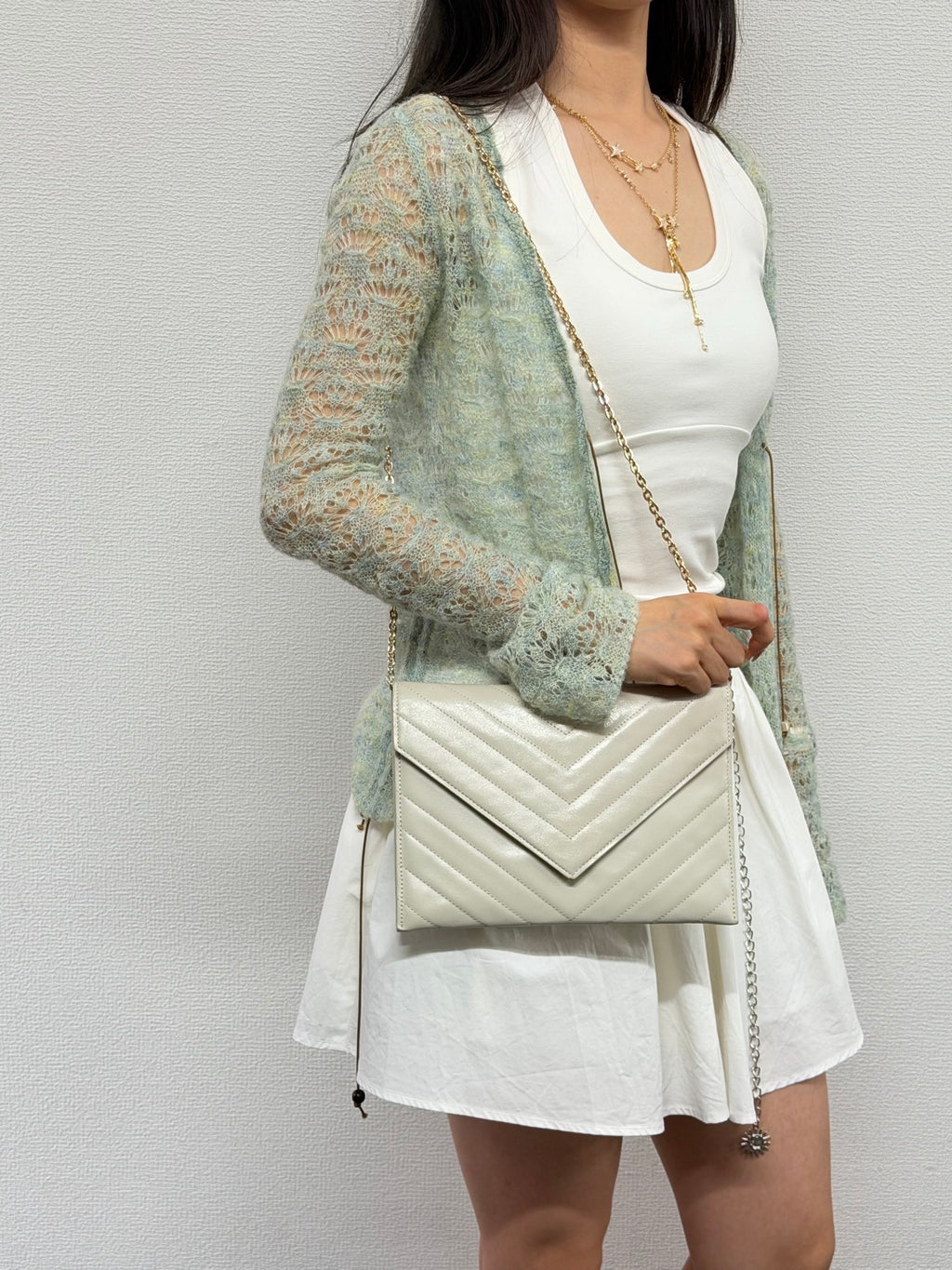 Yves Saint Laurent Vintage Chevron Quilted Leather Clutch Bag Off-White