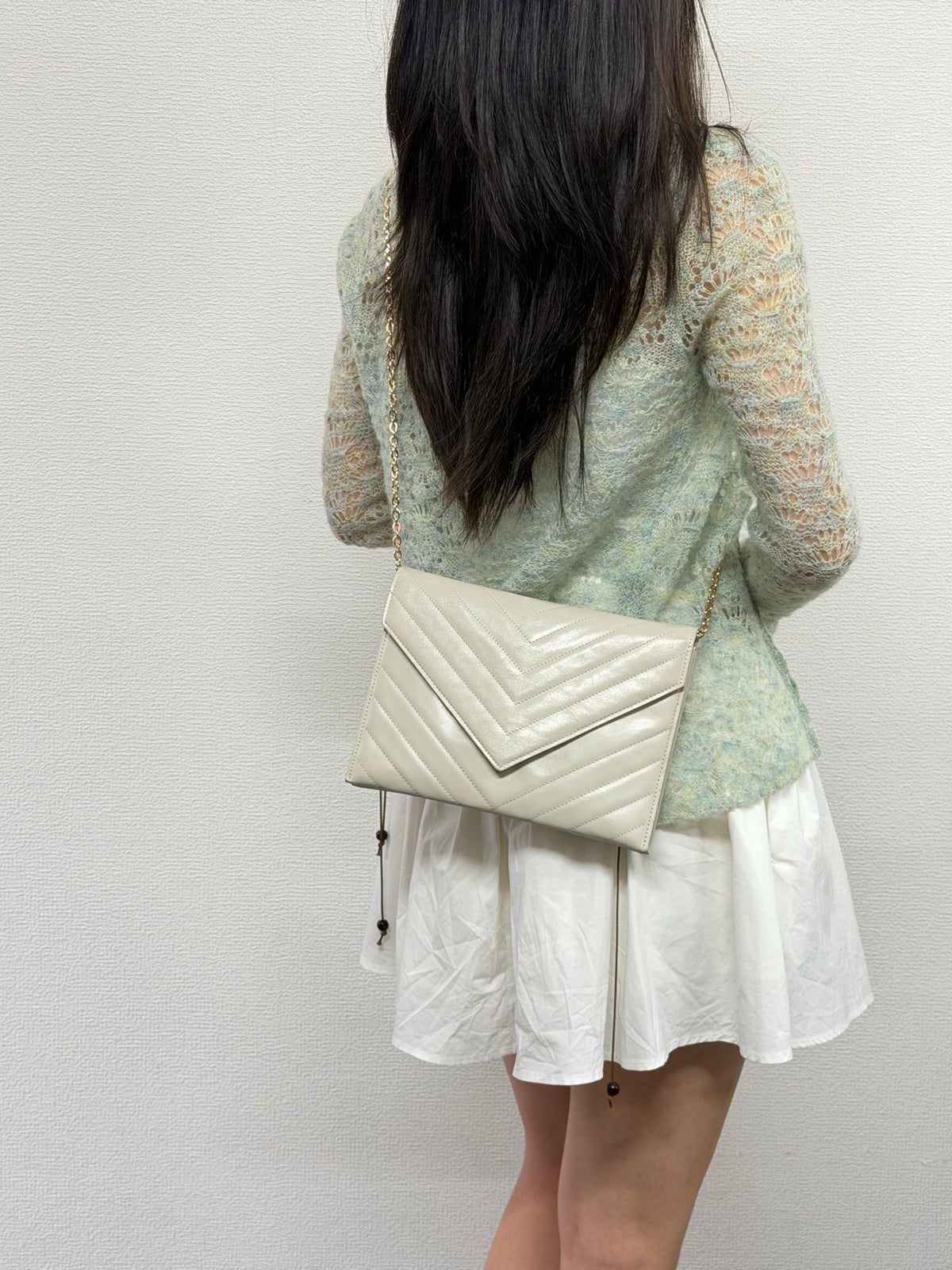 Yves Saint Laurent Vintage Chevron Quilted Leather Clutch Bag Off-White