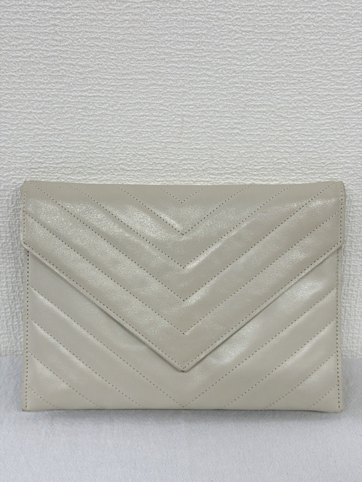 Yves Saint Laurent Vintage Chevron Quilted Leather Clutch Bag Off-White
