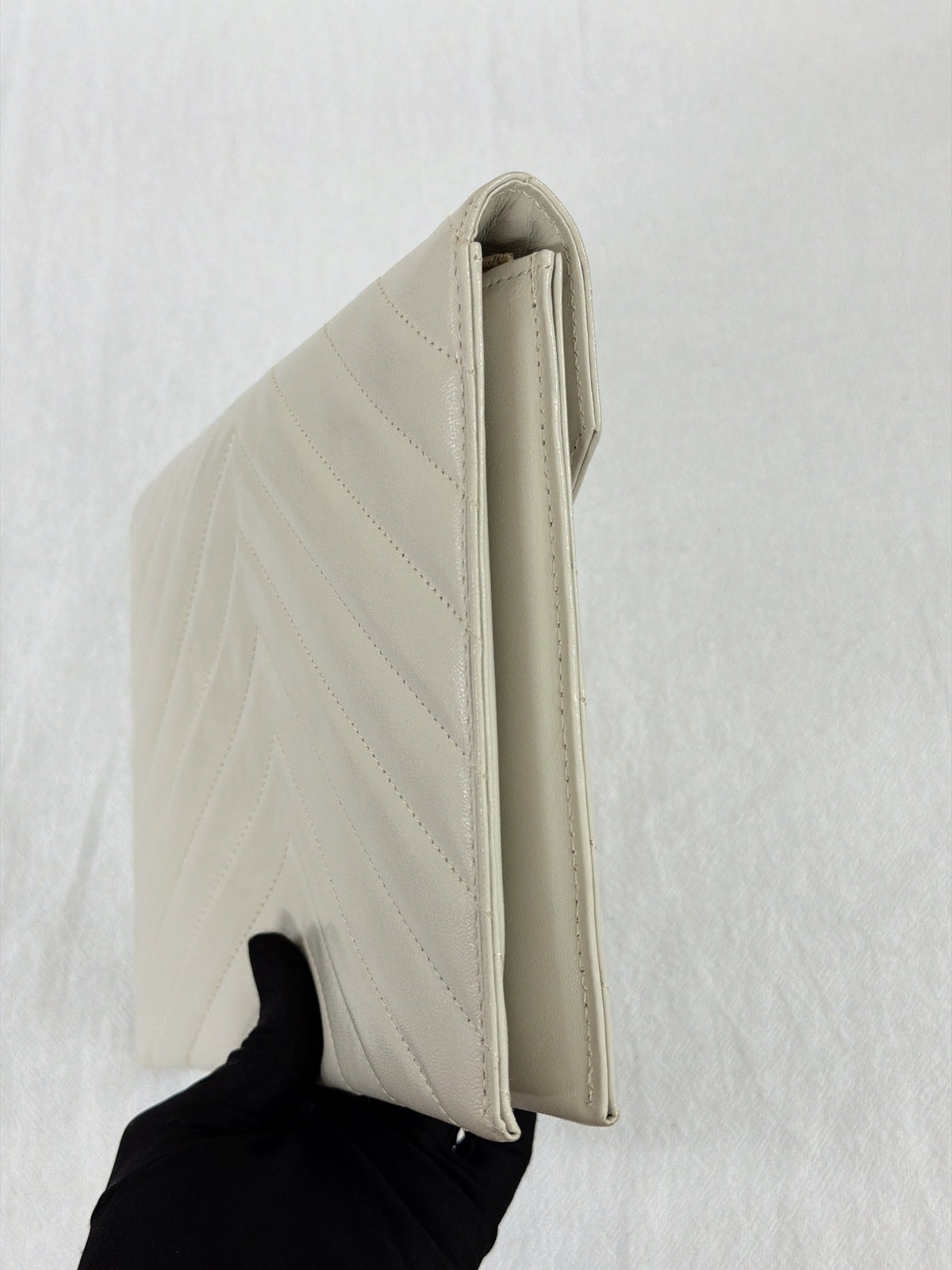 Yves Saint Laurent Vintage Chevron Quilted Leather Clutch Bag Off-White