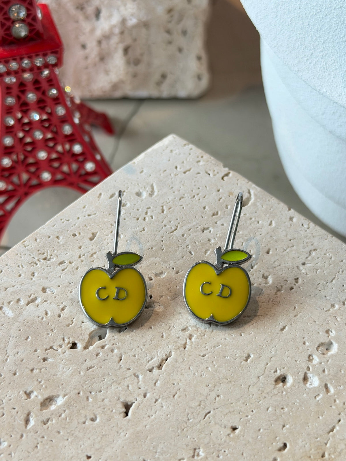 Christian Dior Vintage Yellow Enamel Apple Drop Earrings