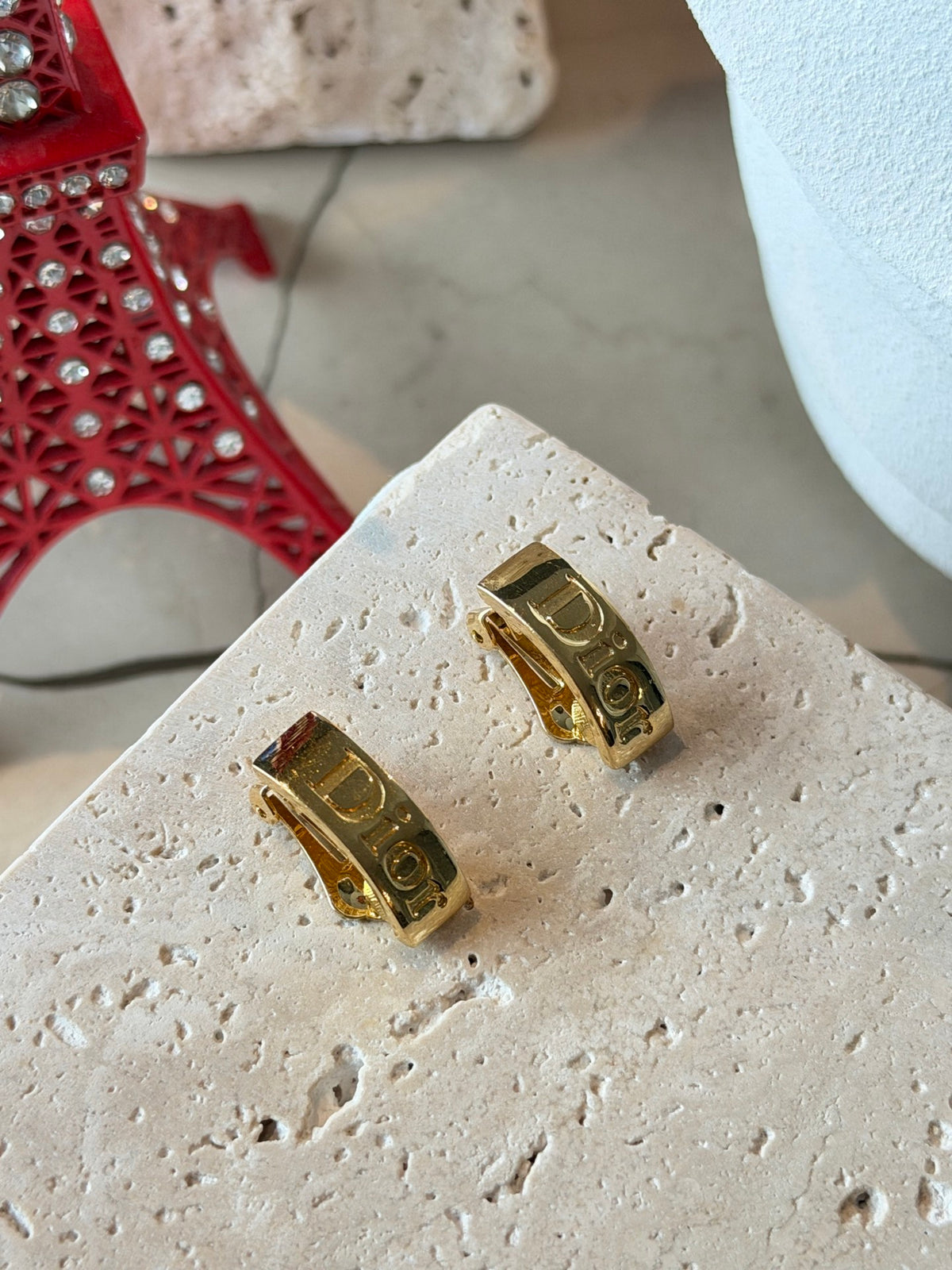 Christian Dior Vintage Logo Gold Clip-On Earrings