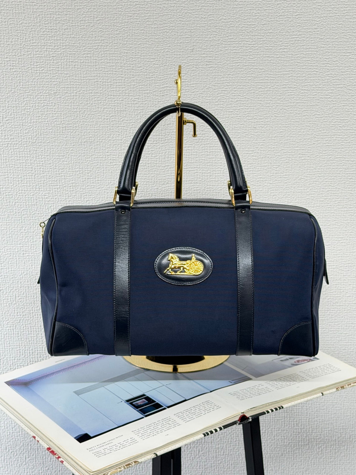 Celine Vintage Horse Carriage Nylon Boston Bag Navy