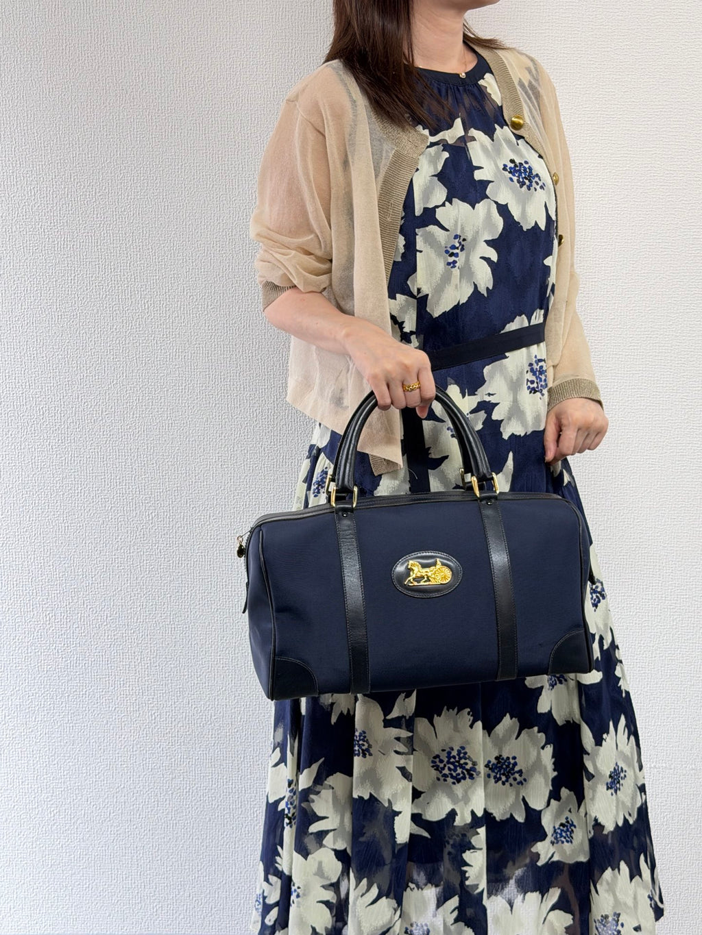 Celine Vintage Horse Carriage Nylon Boston Bag Navy