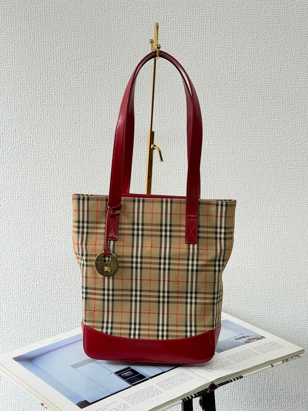 Burberry Haymarket Check Canvas Tote Bag Red Leather Trim