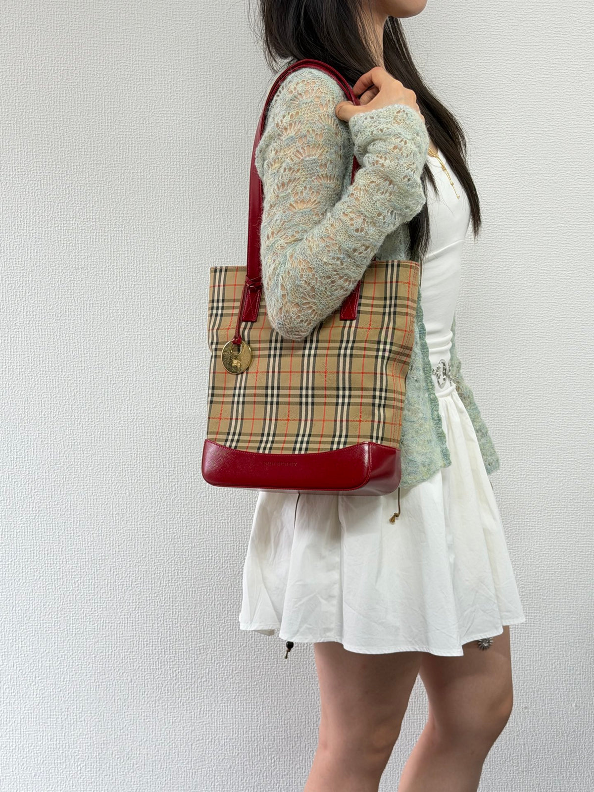 Burberry Haymarket Check Canvas Tote Bag Red Leather Trim