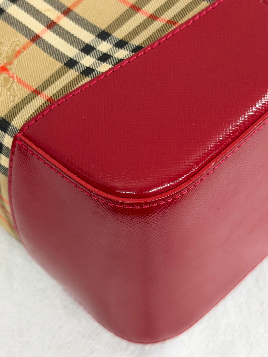 Burberry Haymarket Check Canvas Tote Bag Red Leather Trim