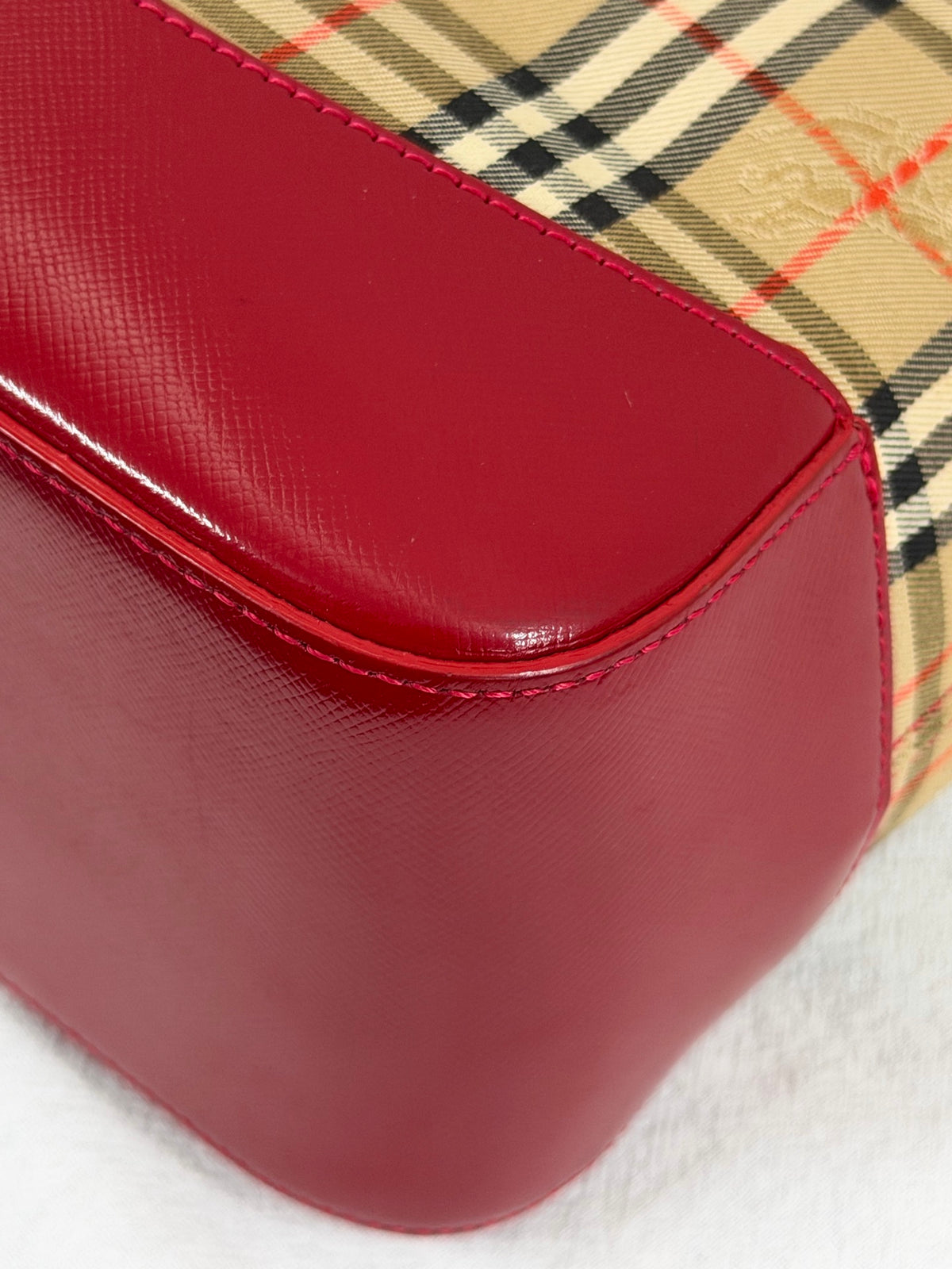 Burberry Haymarket Check Canvas Tote Bag Red Leather Trim