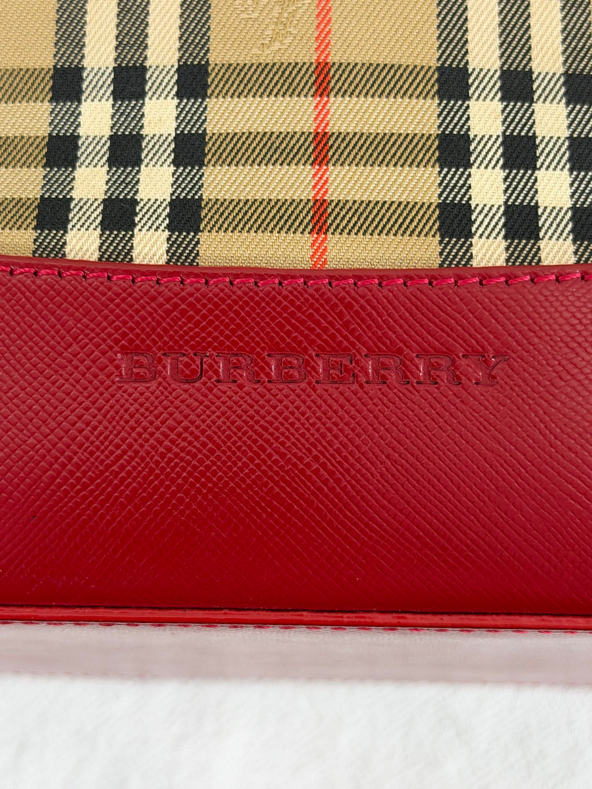 Burberry Haymarket Check Canvas Tote Bag Red Leather Trim