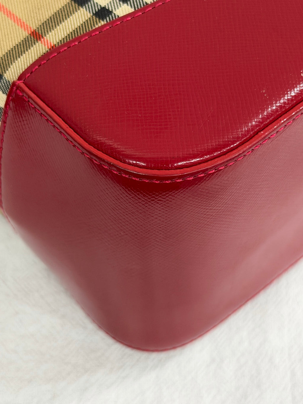 Burberry Haymarket Check Canvas Tote Bag Red Leather Trim
