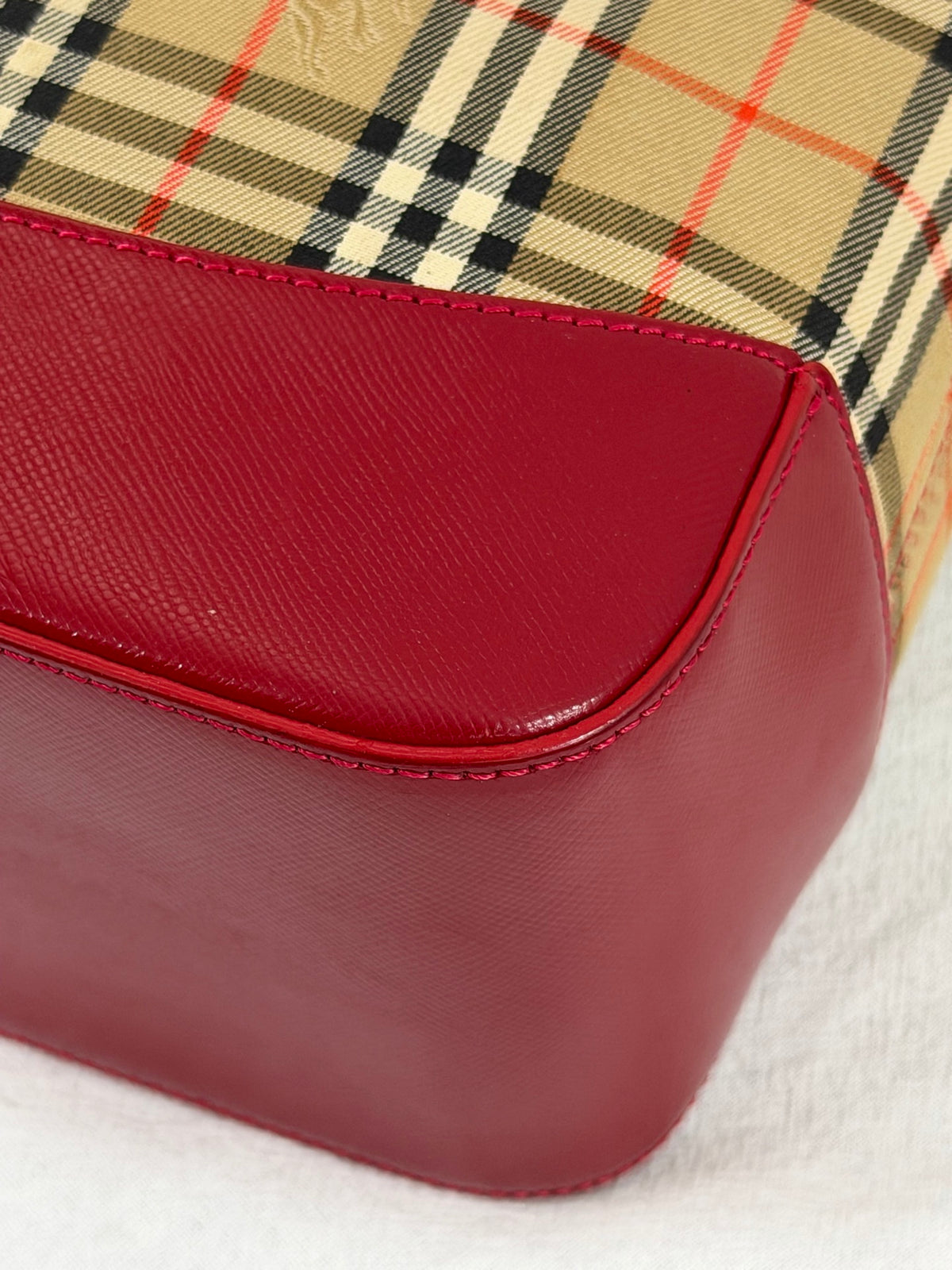 Burberry Haymarket Check Canvas Tote Bag Red Leather Trim