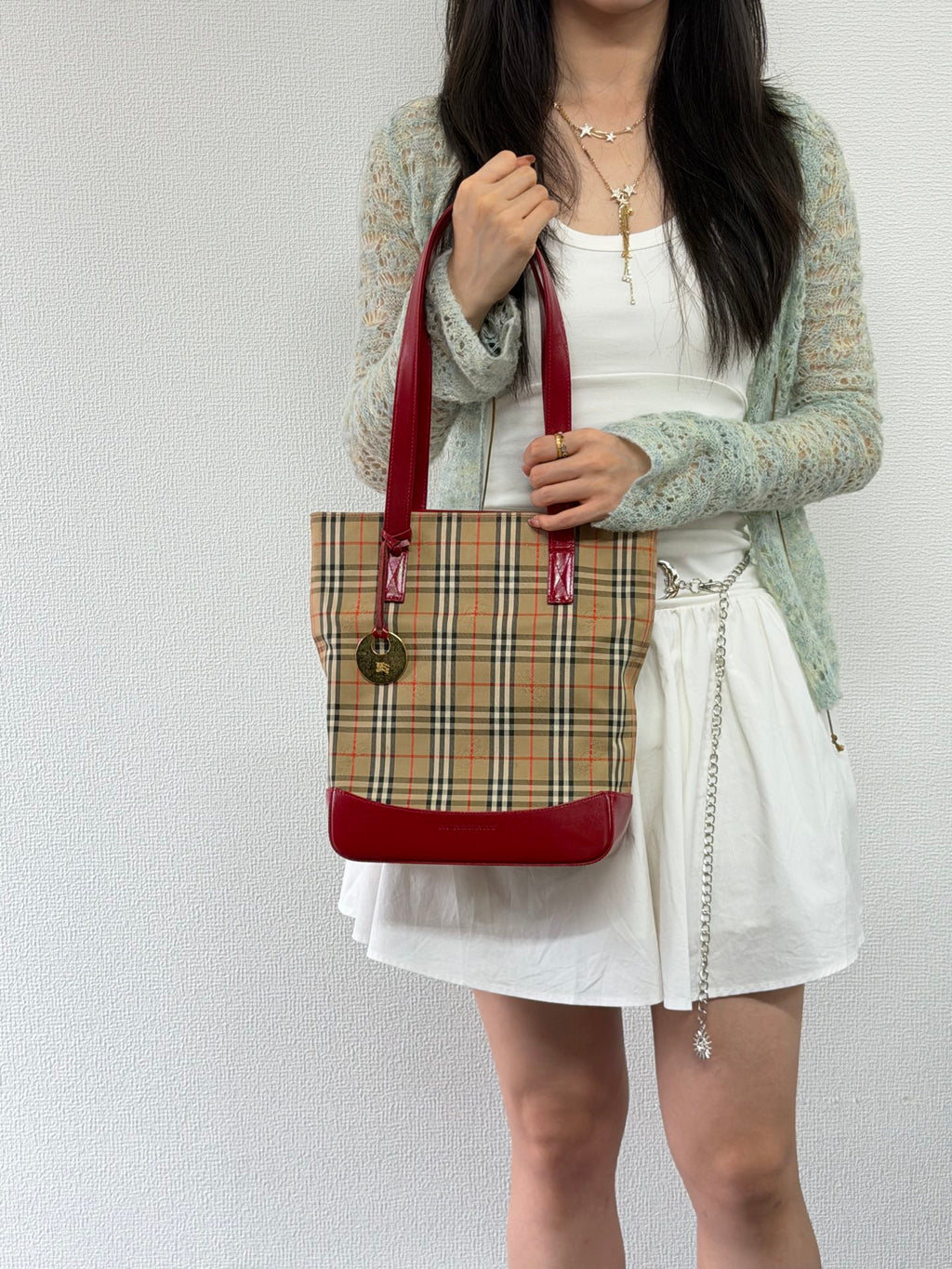 Burberry Haymarket Check Canvas Tote Bag Red Leather Trim