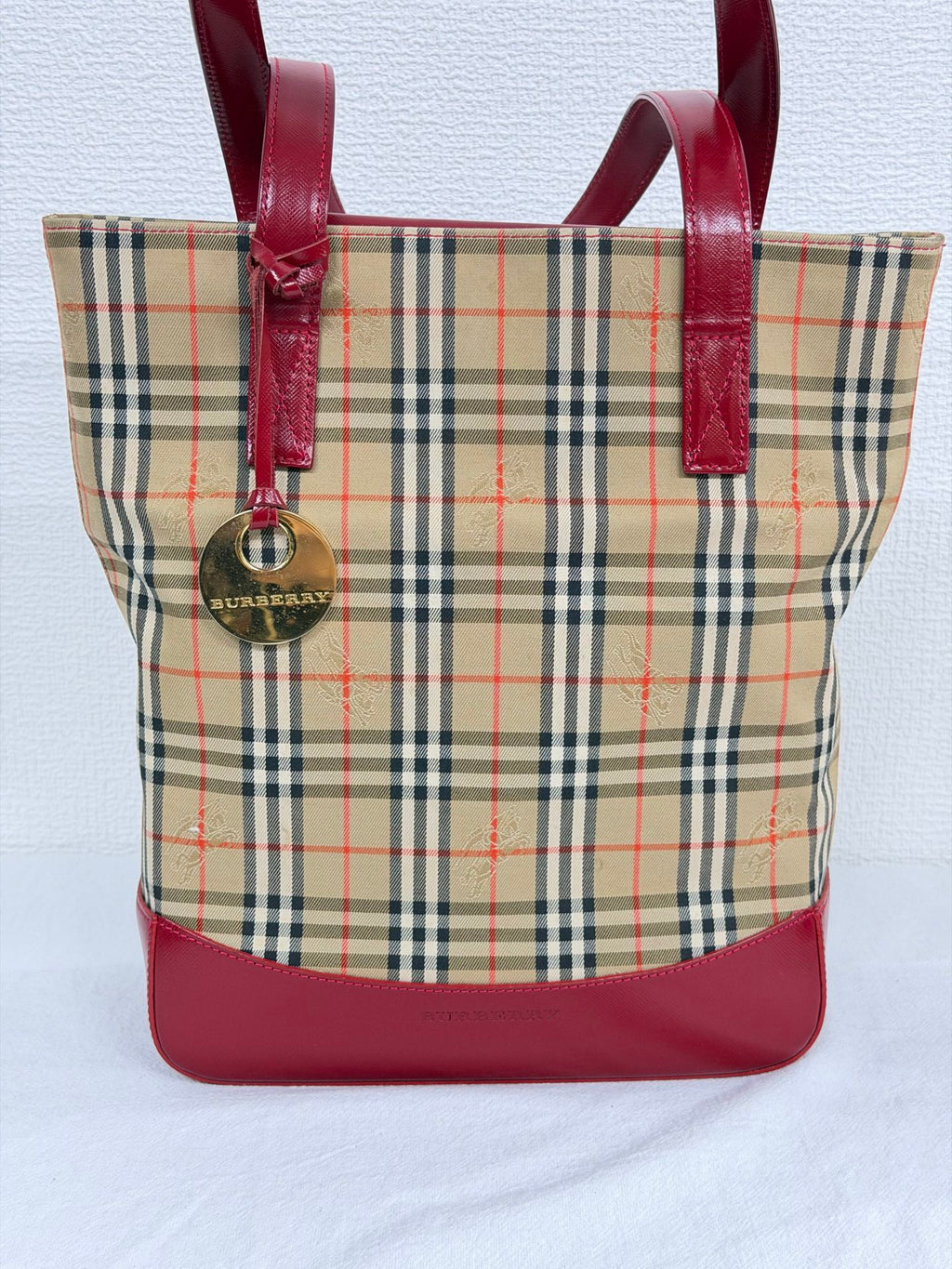 Burberry Haymarket Check Canvas Tote Bag Red Leather Trim