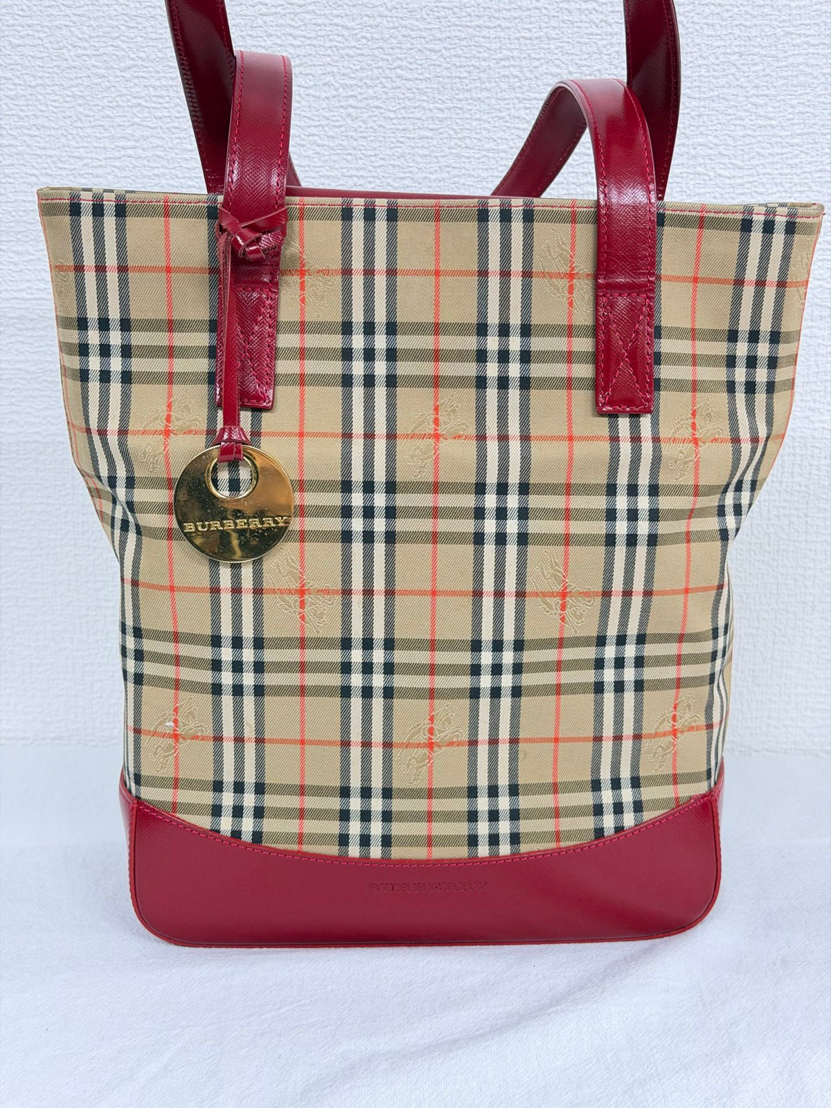 Burberry Haymarket Check Canvas Tote Bag Red Leather Trim
