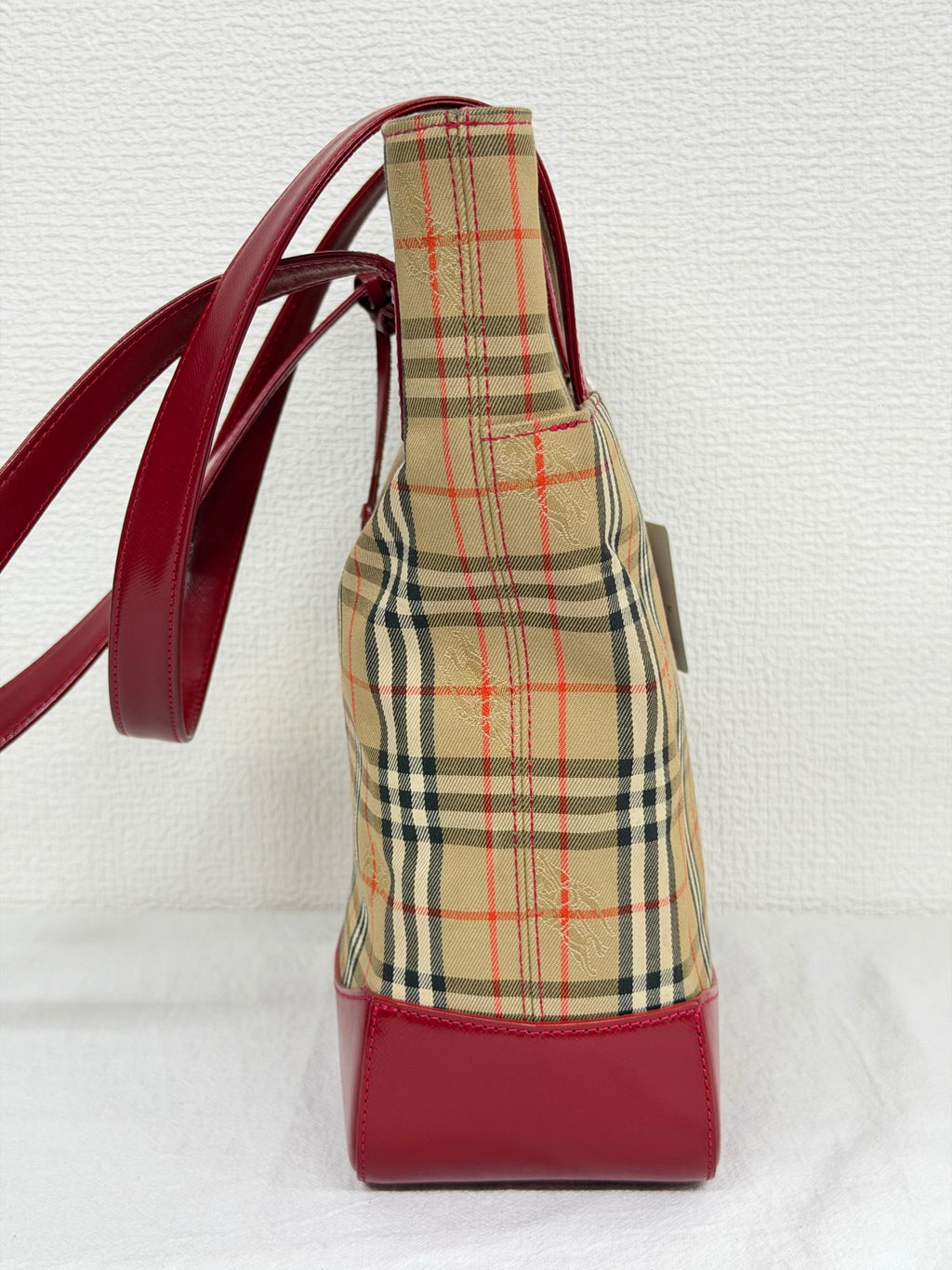 Burberry Haymarket Check Canvas Tote Bag Red Leather Trim