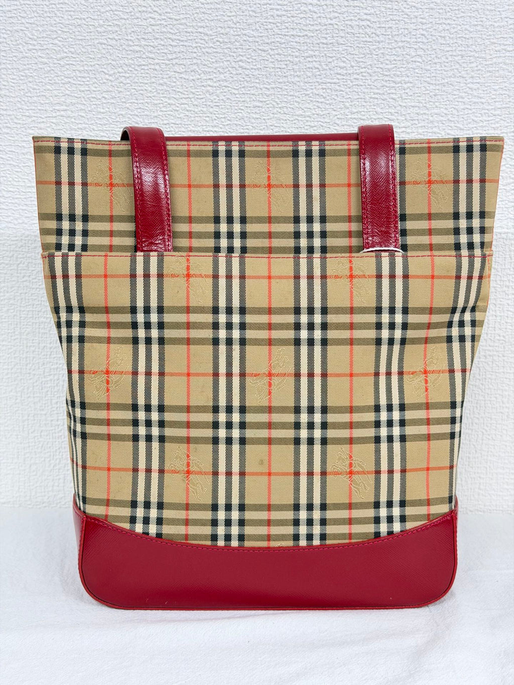 Burberry Haymarket Check Canvas Tote Bag Red Leather Trim