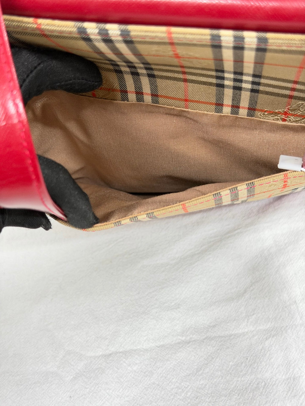 Burberry Haymarket Check Canvas Tote Bag Red Leather Trim