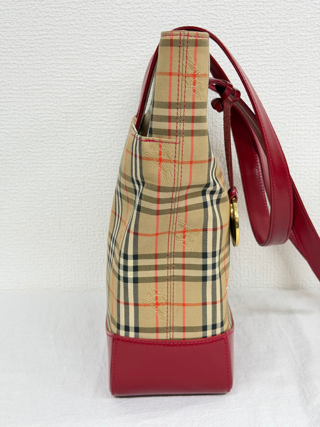 Burberry Haymarket Check Canvas Tote Bag Red Leather Trim