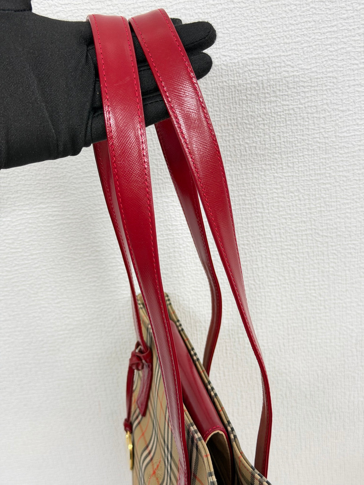 Burberry Haymarket Check Canvas Tote Bag Red Leather Trim
