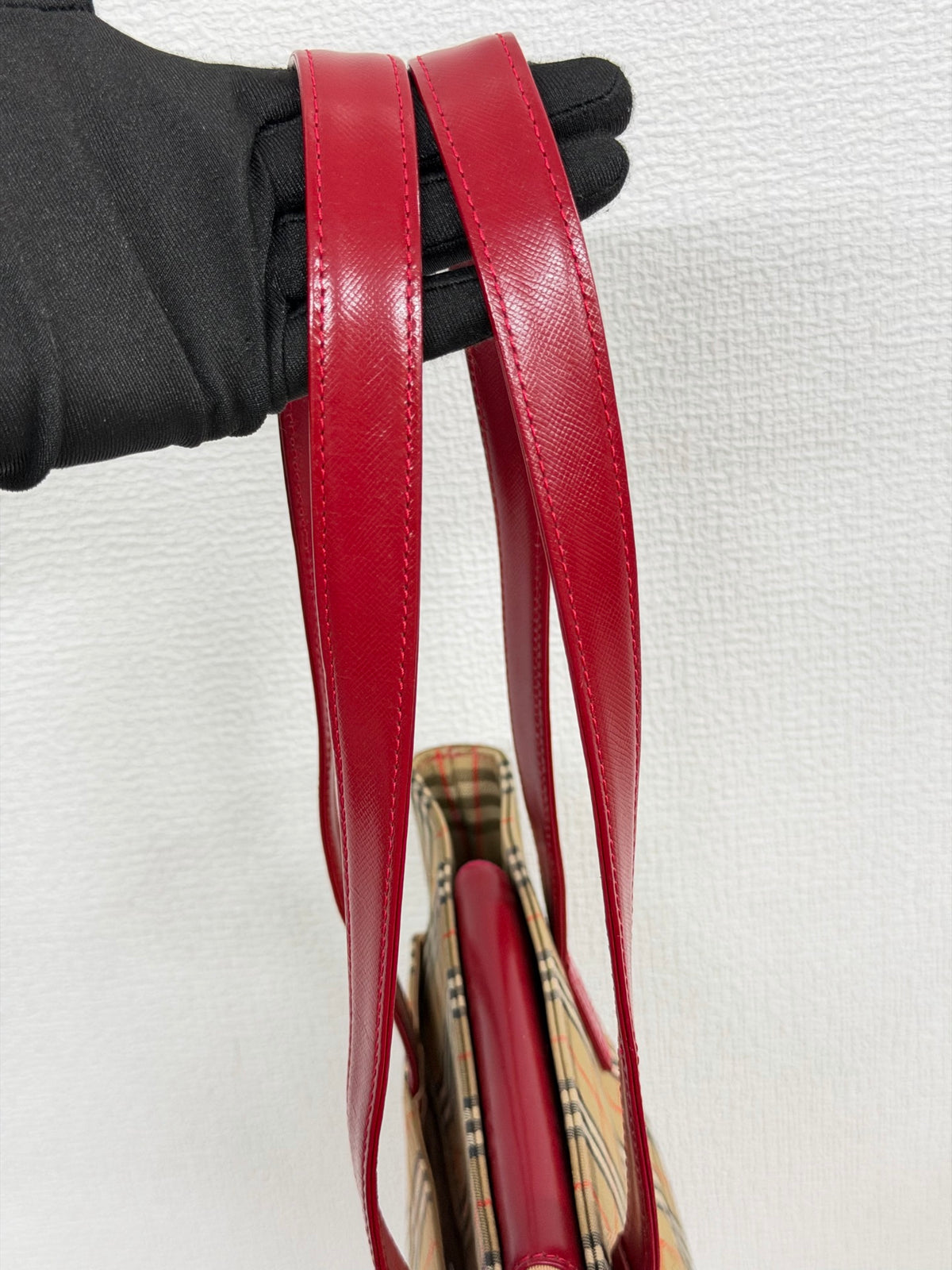 Burberry Haymarket Check Canvas Tote Bag Red Leather Trim