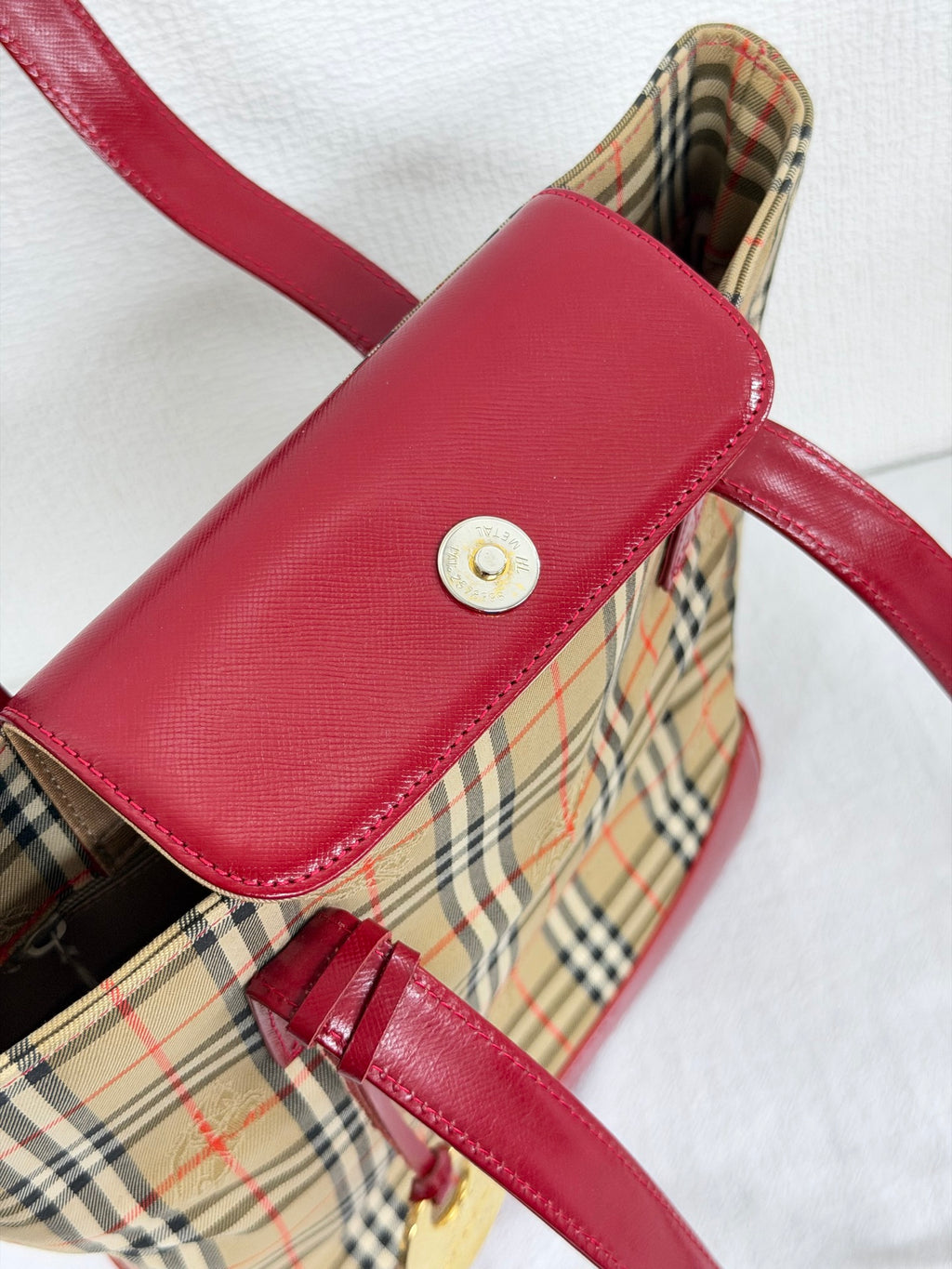 Burberry Haymarket Check Canvas Tote Bag Red Leather Trim