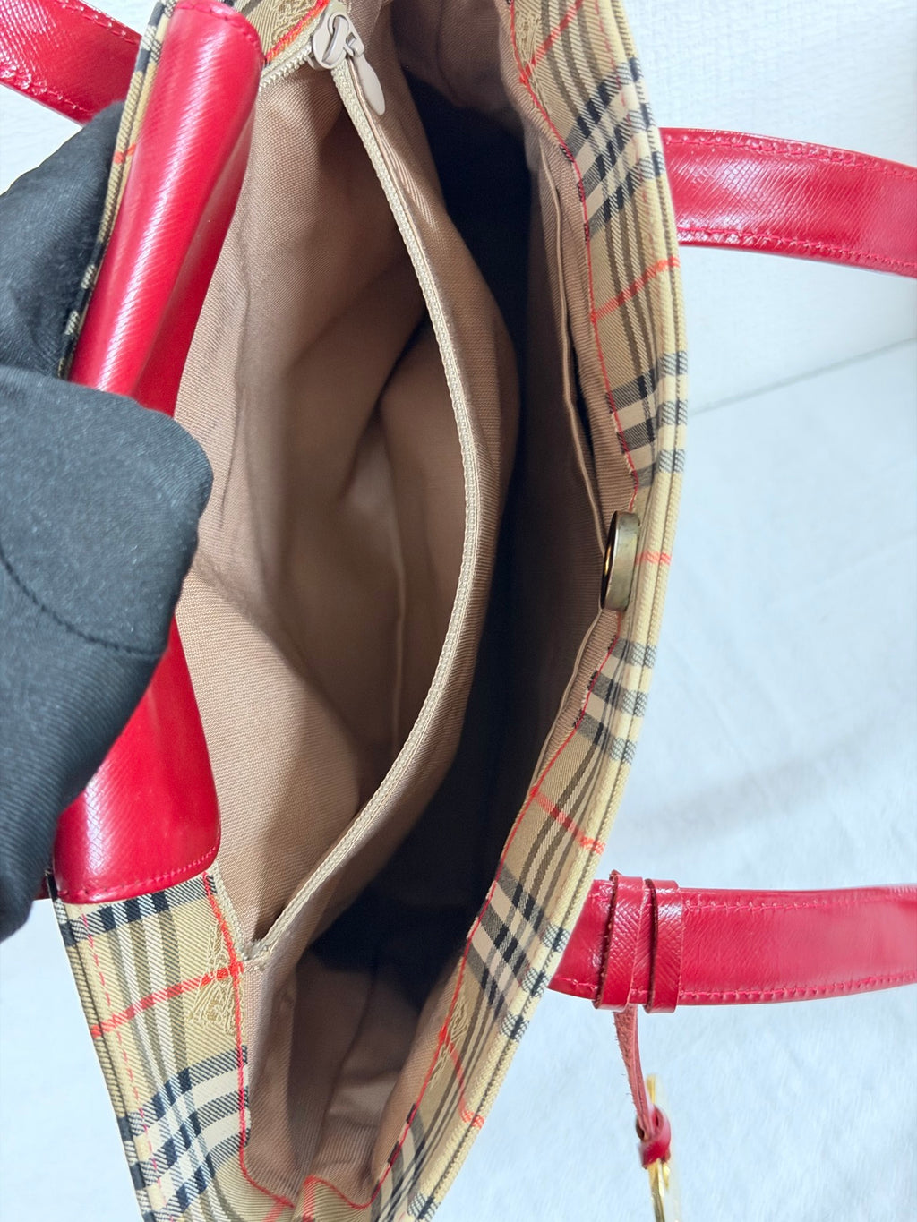 Burberry Haymarket Check Canvas Tote Bag Red Leather Trim