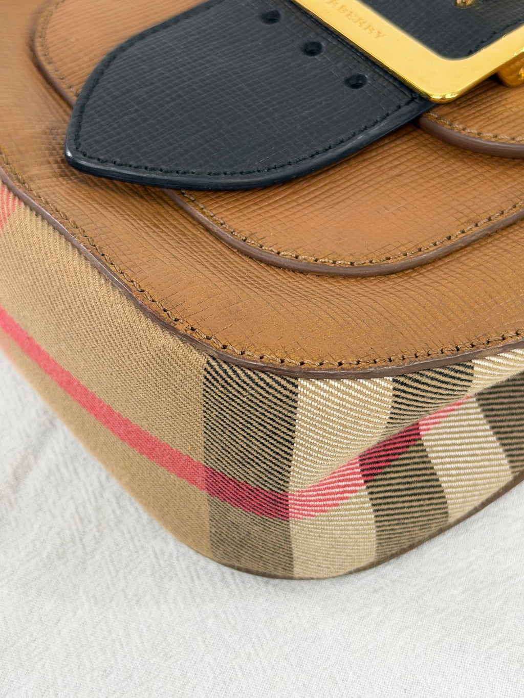 Burberry Derby Calfskin Small Square Buckle Belt Bag Tan Black