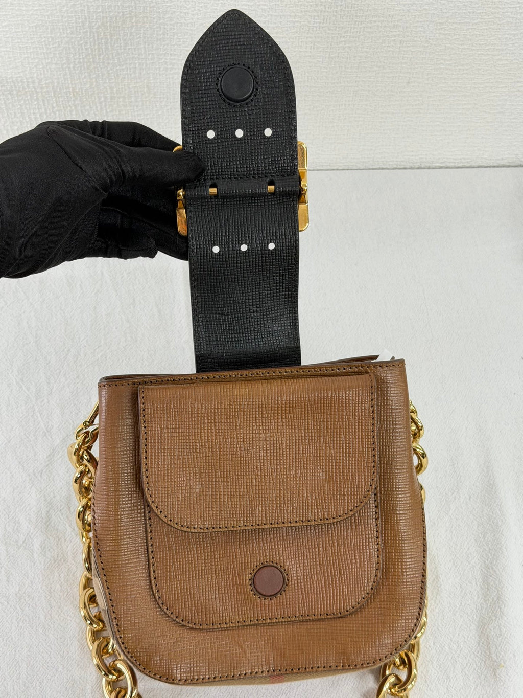 Burberry Derby Calfskin Small Square Buckle Belt Bag Tan Black