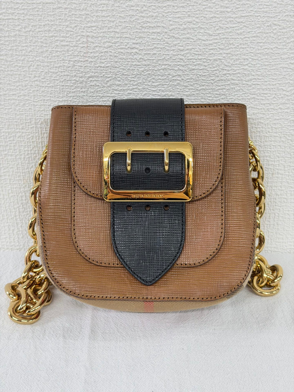 Burberry Derby Calfskin Small Square Buckle Belt Bag Tan Black