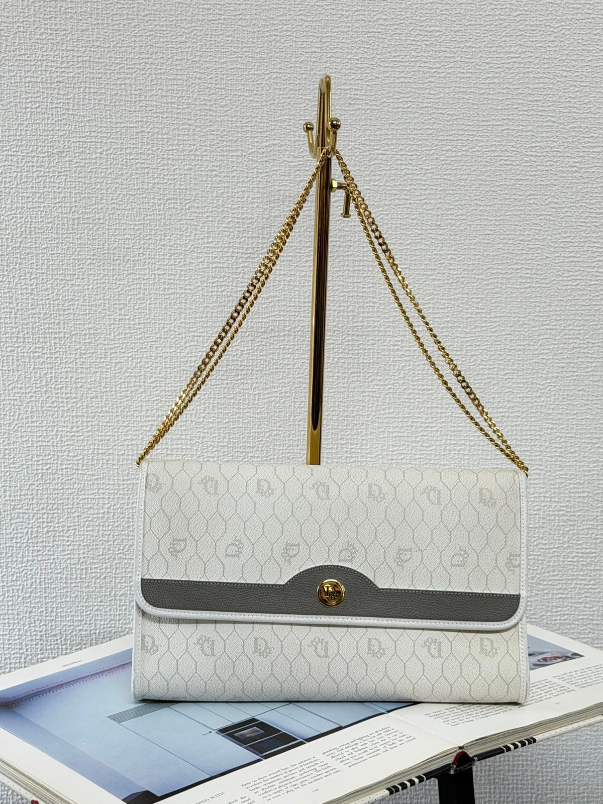 Christian Dior Vintage Honeycomb Canvas Chain Shoulder Bag White