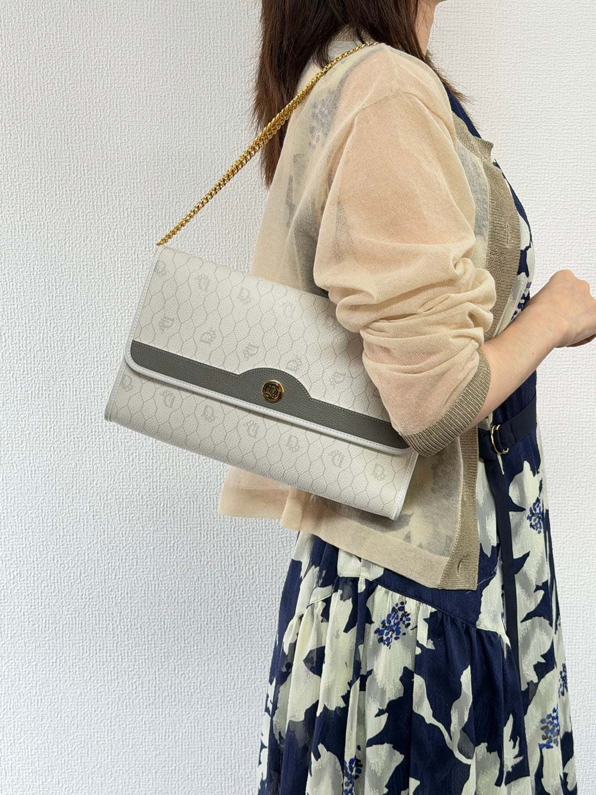 Christian Dior Vintage Honeycomb Canvas Chain Shoulder Bag White