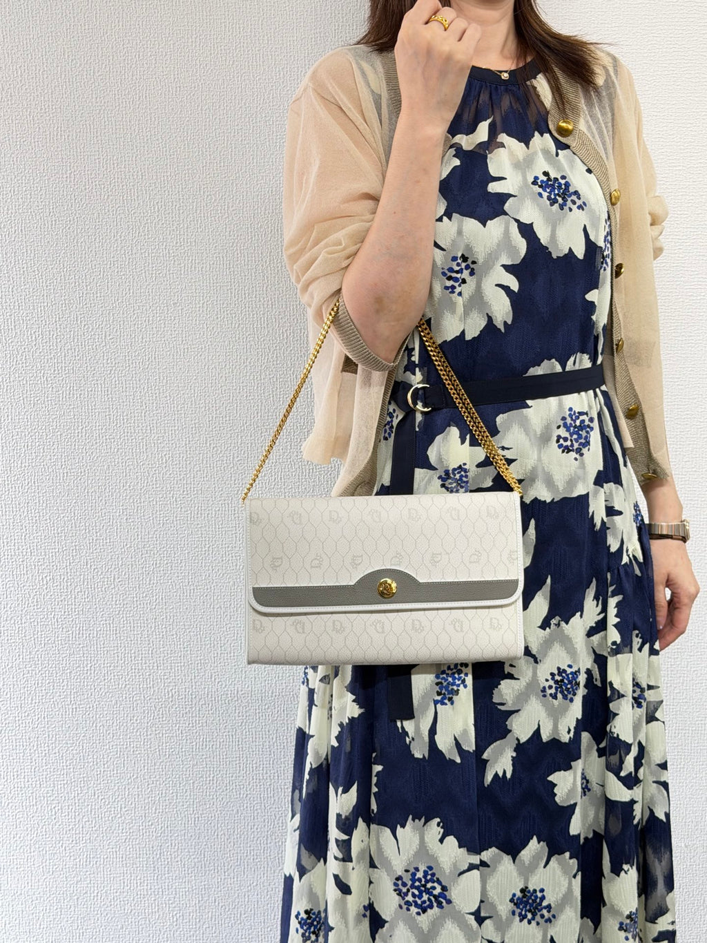 Christian Dior Vintage Honeycomb Canvas Chain Shoulder Bag White