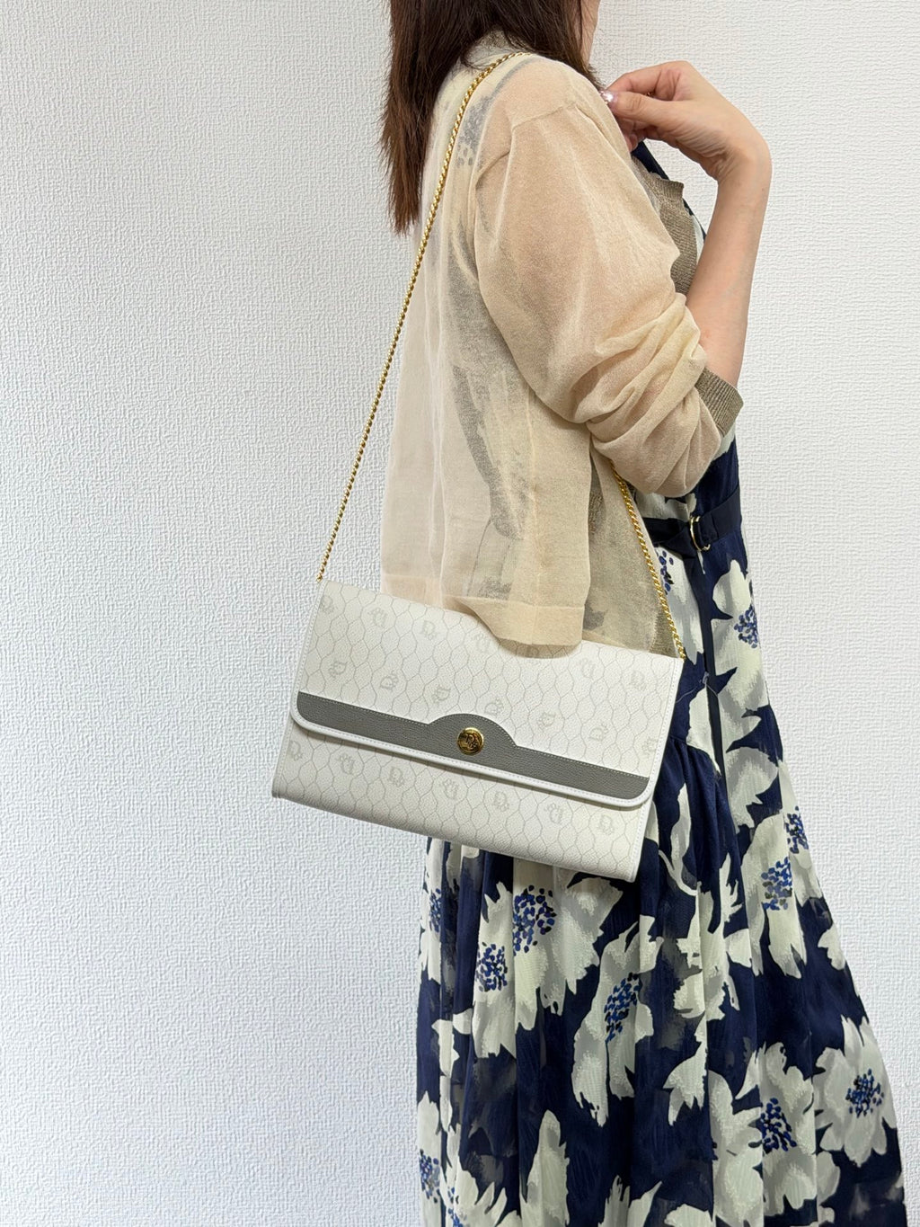 Christian Dior Vintage Honeycomb Canvas Chain Shoulder Bag White