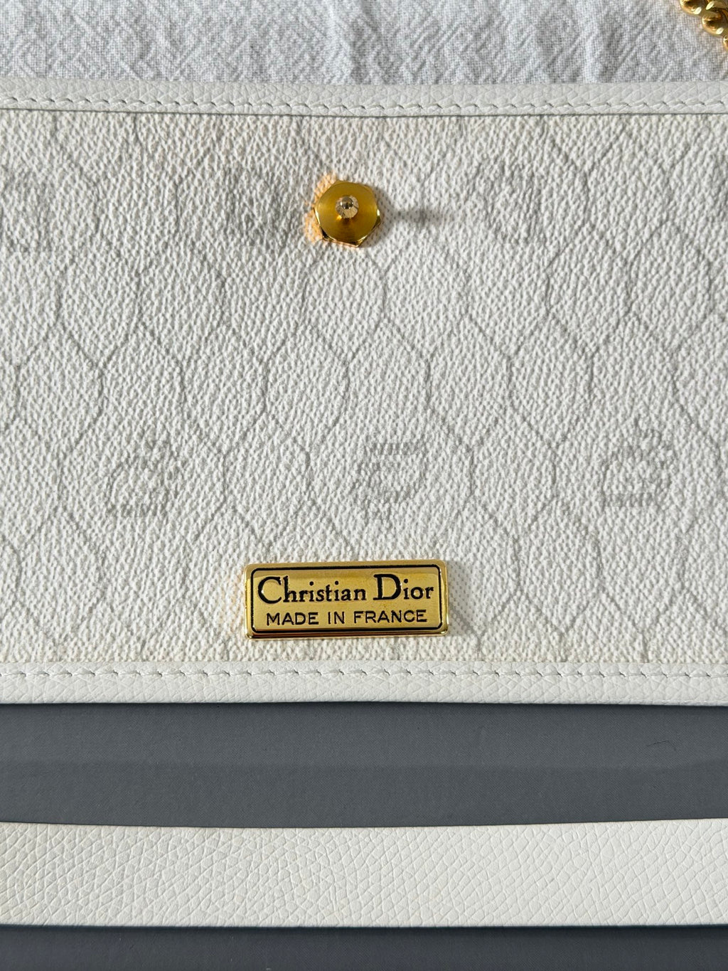 Christian Dior Vintage Honeycomb Canvas Chain Shoulder Bag White