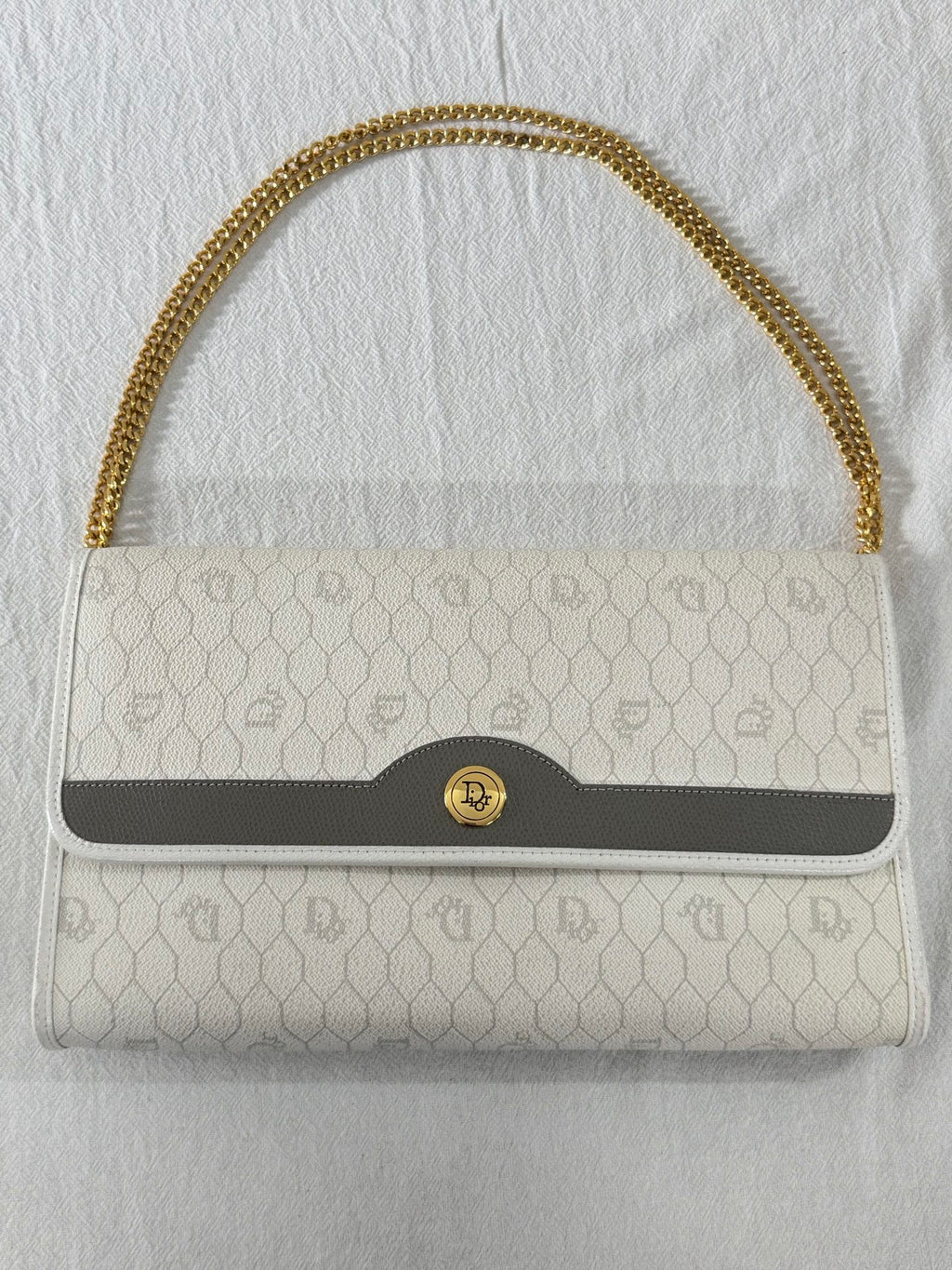Christian Dior Vintage Honeycomb Canvas Chain Shoulder Bag White